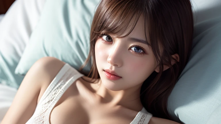 a beautiful woman with brown hair wearing a black miniskirt, suspenders, and garters, lying on a bed with a holster and armament, her gaze directed at the viewer, with a small face, bangs, and big breasted figure, (best quality,4k,8k,highres,masterpiece:1.2),ultra-detailed,(realistic,photorealistic,photo-realistic:1.37),extremely detailed eyes and face,longeyelashes,professional,vivid colors,studio lighting