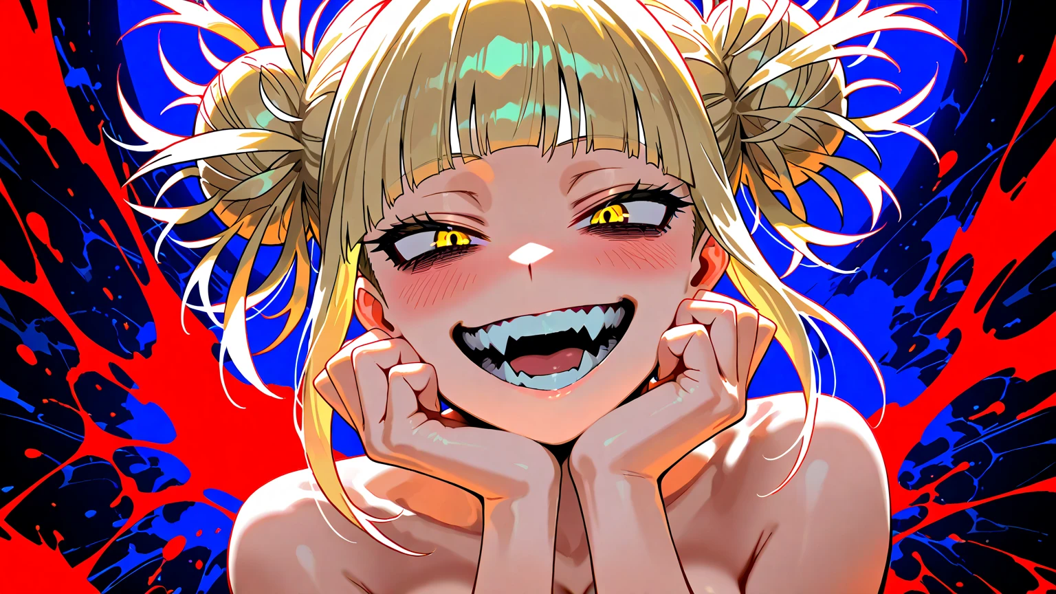 (BNHA style),Himiko Toga,(Alone),Himiko toga,(boku no hero academia),(short blonde hair with two messy pulps in her hair and yellow eyes with cat pupils),Wearing),+,(\bikini)/