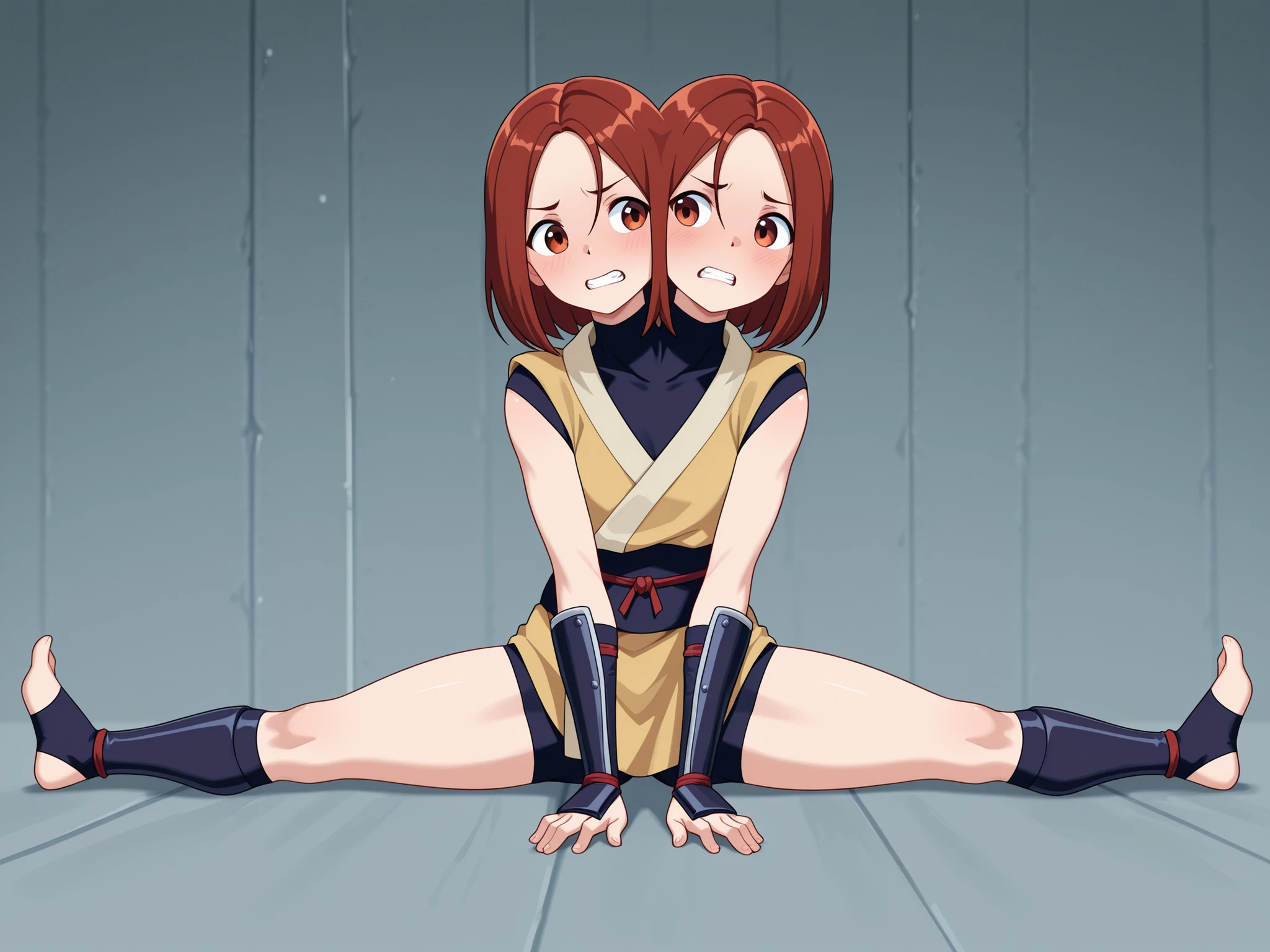 conjoined, anime girl with two heads, ninja, doing the splits, straining, teeth grit, uncomfortable, ninja training camp 