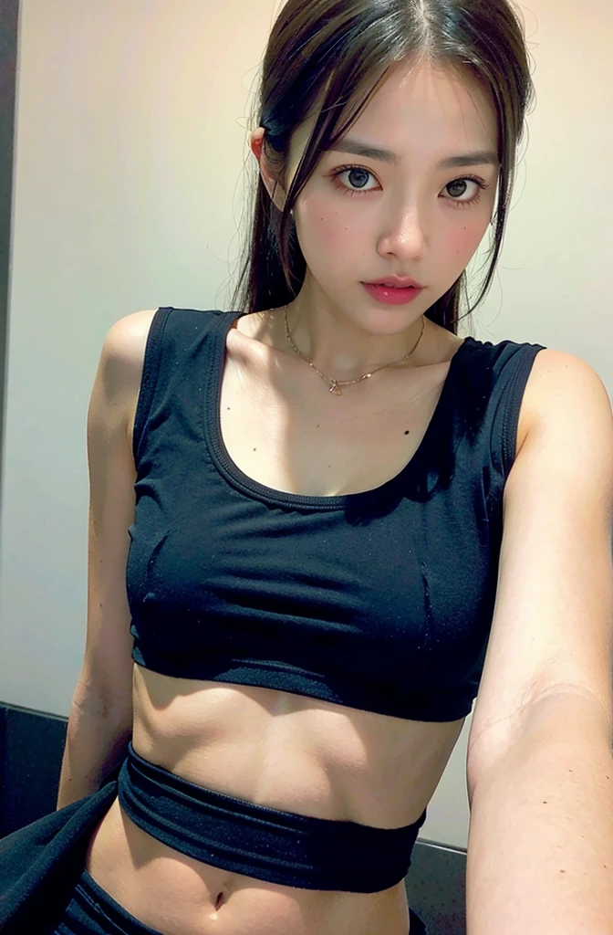 (at bedroom, 1 girl, small breasts, medium long hair, white sports bra and panties, camel toe, spread legs:1.5), fair-skinned, glossy lips, skinny, body type, delicate and sexy clavicle, highest quality, RAW photo, realistic, face, incredibly ridiculous beautiful girl, cute, Depth of bounds written, High resolution, ultra detail, detailed, Very detailed, extremely detailed eye and face, sharp pupils, sharp focus, cinematic lighting