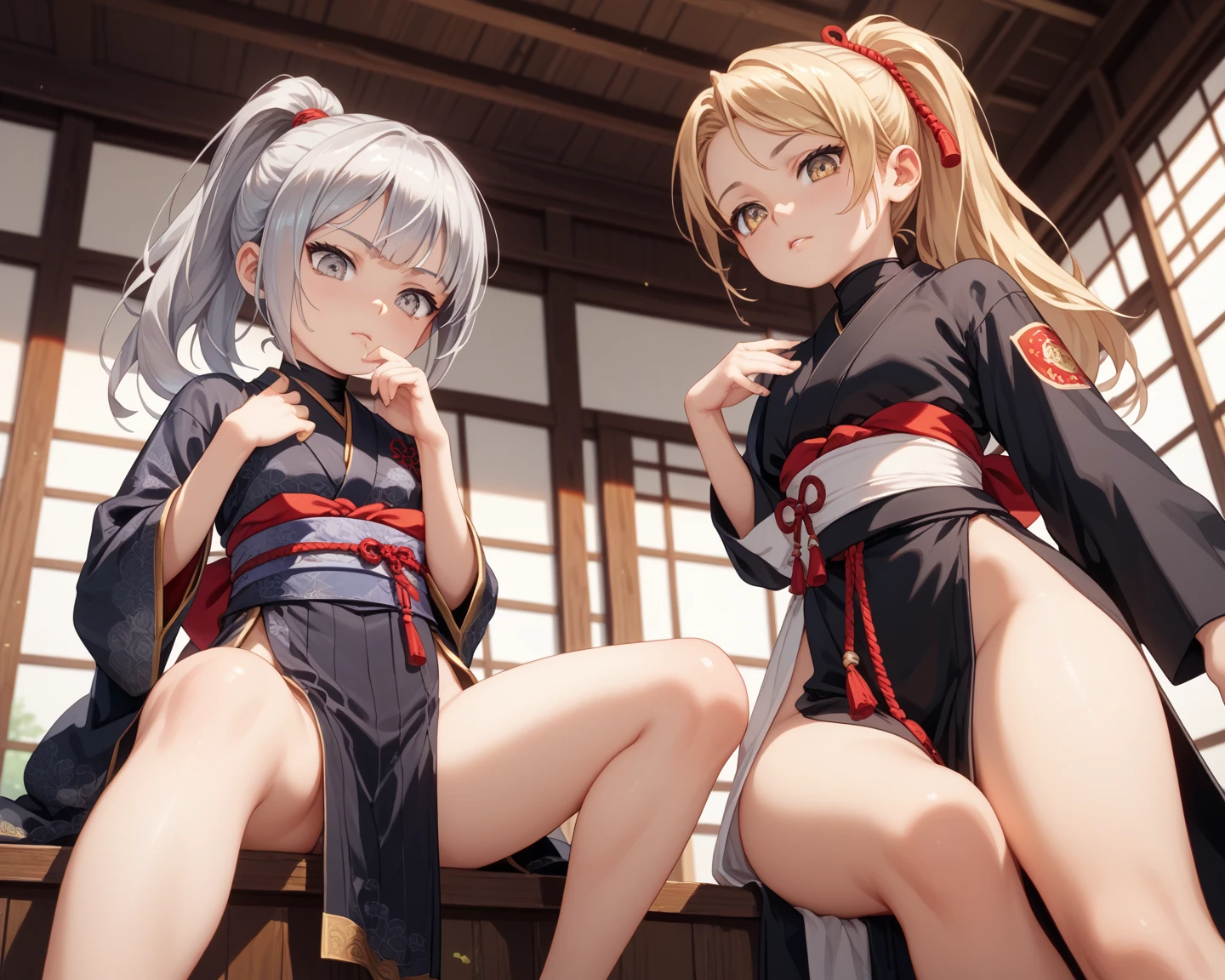 a quartet of four of four women with different sexual orientations, split, standing split, standing on one leg, multiple girls, standing, kimono, breasts, japanese clothes, blonde hair, leotard, rabbit ears, blue eyes, looking at viewer, animal ears, thighs, yellow eyes, long hair, large breasts, covered navel, smile, playboy bunny, cleavage, 4girls, blush, black hair, leg up, bangs, black leotard