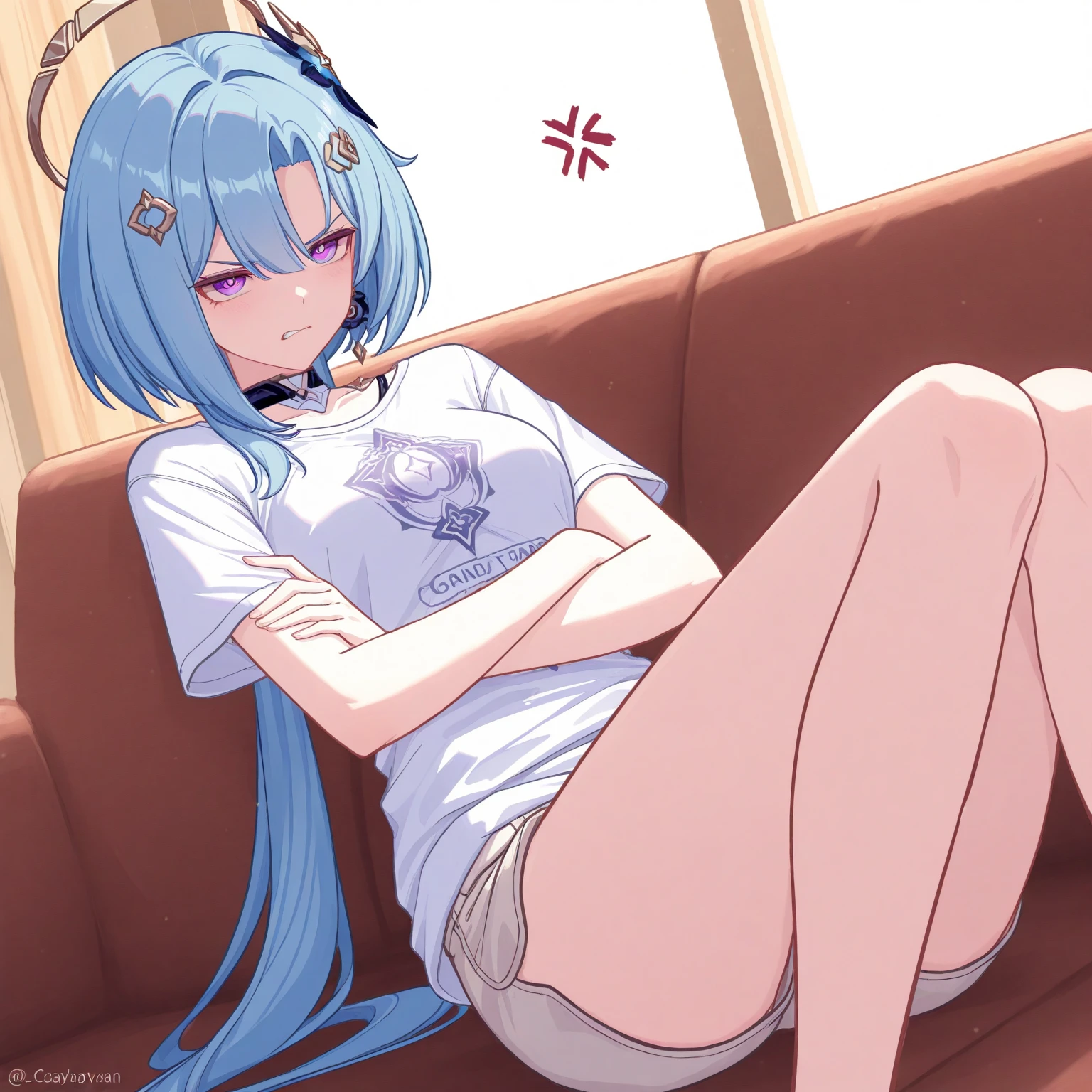 Long haired anime woman, light blue mixed hair, with rainbow hair bow, wearing a cardigan and comfortable shorts in bed, legs spread, purple eyes with small breasts, starry hair clips in hair, nipples