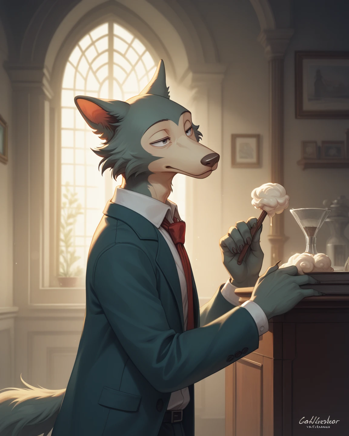 white fluffy cat aristocrat in a white shirt holds a glass of martini