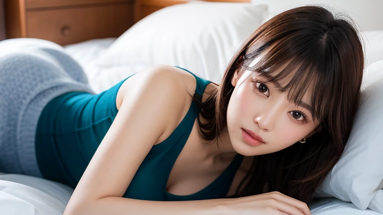 top-quality、超A high resolution、(Photorealsitic:1.4)、Imagine something soft, Soothing illustration of a beautiful girl sleeping in a comfortable bed, Eyes closed, Blue T-shirt. Long flowing hair. darkened room, Except for the soft light emanating from the bedside lamp near the bed, It casts a warm glow on her peaceful face. Through a half-open window, Starry night spreads, fullmoon, Create a magical contrast between the peaceful interior and the mysterious outside world. A curtain of light moves faintly in the night breeze, Add a touch of movement to this quiet scene.