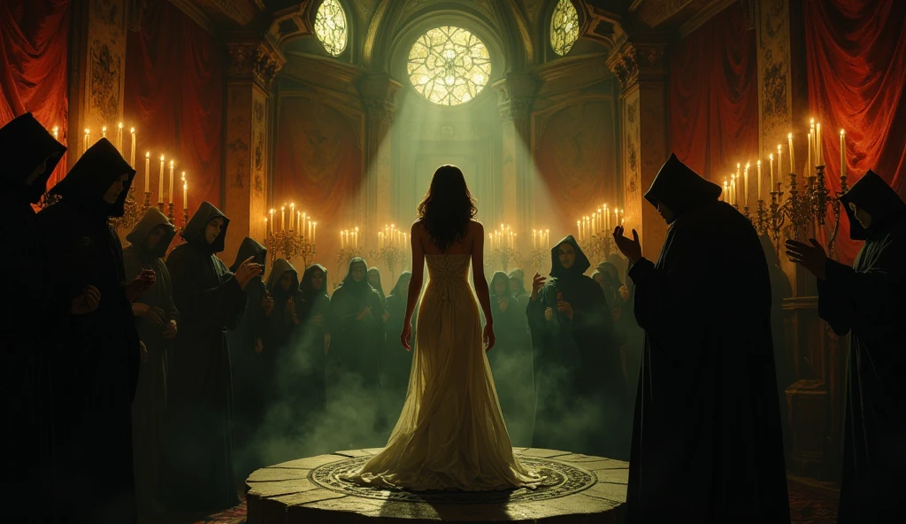 A haunting Victorian ritual chamber lit by tall candle stands - SeaArt AI