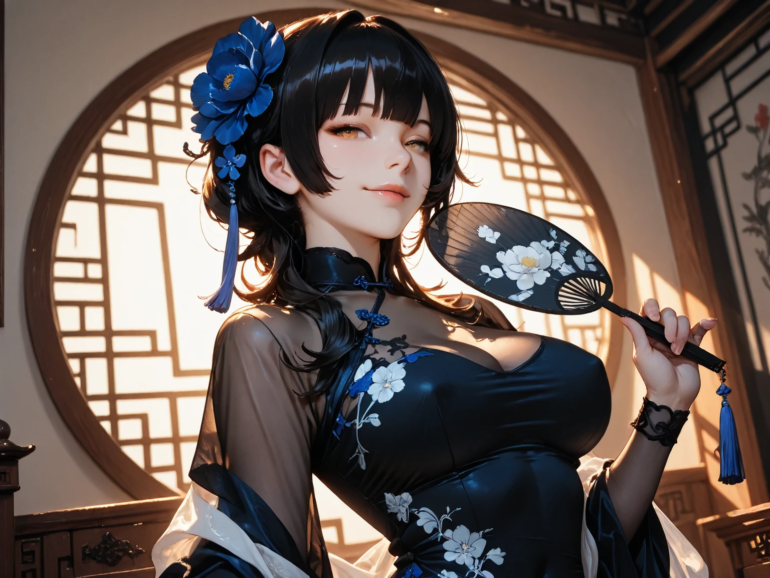 Wearing a black cheongsam,Clothes embroidered with blue-green butterflies,Age around 25 years old,It feels unpredictable,more mysterious,No smiles,Hand holding dark blue flower