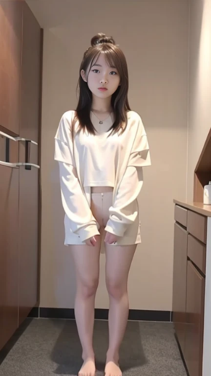 ((of the highest quality, 8K, masutepiece: 1.3, Raw photo)), Sharp Focus: 1.2, (1 AESPA Girl :1.1), Solo, (Realistic, Photorealistic: 1.37), (Face Focus: 1.1), Cute face, hyperdetailed face, (short messy hair: 1.2), Small breasts, flat chest, thigh, nude, button down shirt, (Roll up the skirt: 1.2), (Lift skirt hem), (Lifting skirt while standing to show off panties to us: 1.4), office room, thigh, from behind