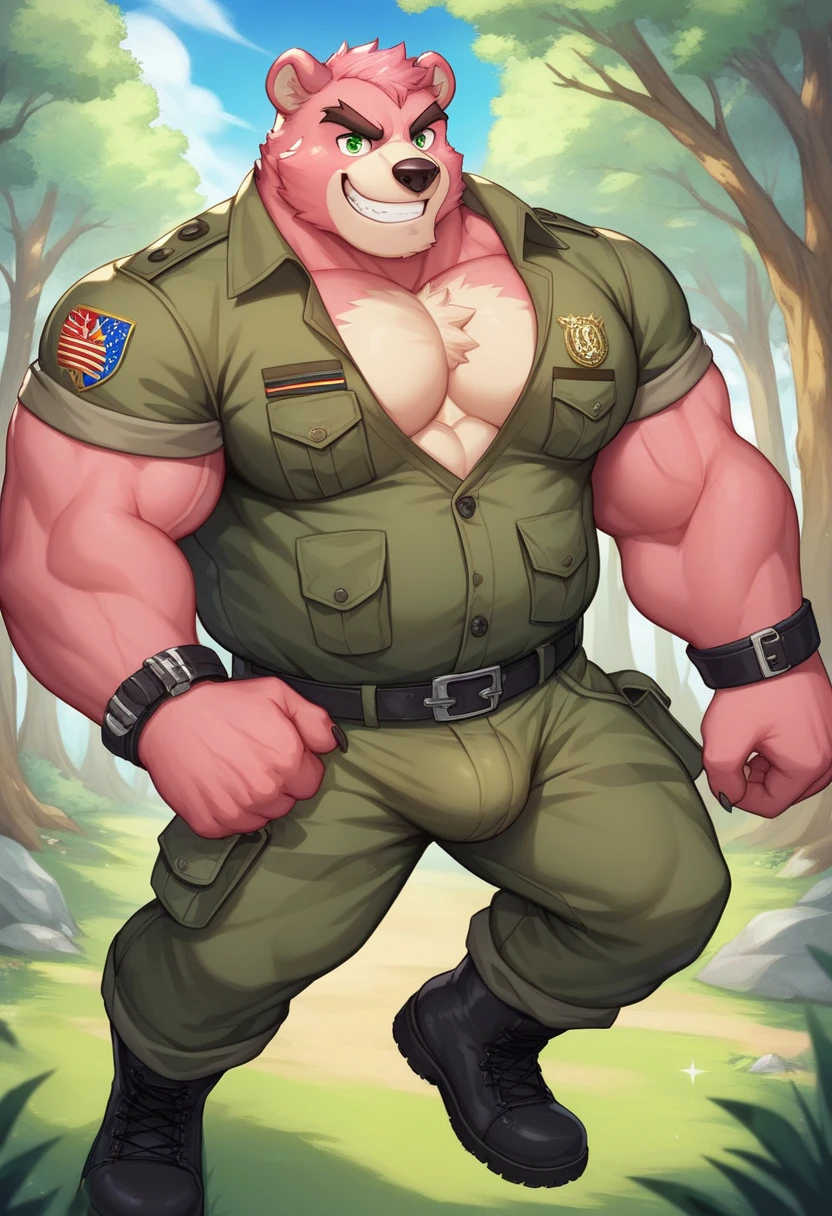 a large and extremely muscular orc warrior,highly masculine orc,rugged orc features,thick body hair orc,orc wearing wearing Athelete clothes, penis peaking out, Large manhood, Hairy, Armpits, bara, musky, Piercings, Barbarian, Modern Gym ,best quality, anime, Masculine, bara, Tanktop full body, giant, macro, Handsome, bara,