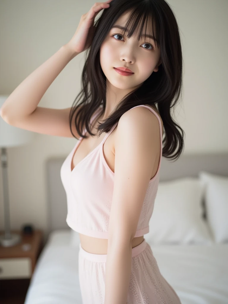 (((masterpiece))), (((Full body photo,is standing,posterior view)),(One beautiful Japan girl, Innocence,kawaii) ,超A high resolution, Realistic, ultra-detailliert, 8K,top-quality, Extremely detailed, blurry backround,A slender,small tits,very beautiful japanese girl, Detailed face:1.3), (Boyish shorthair,A dark-haired :1.4), (a baby face,kawaii系,adorable 10 year old girl), (Perfect body:1.1), (light pink loungewear), Grinning smile,Remembering and laughing,A detailed face、rosy cheeks,Detailed lips、Detailed Big Eyes、small gravure idol,Transparent skin、Lolita,Shy pose,there is a small bed,There are anime posters on the walls.,Textbooks are lined up on the bookshelf,Focus on the buttocks