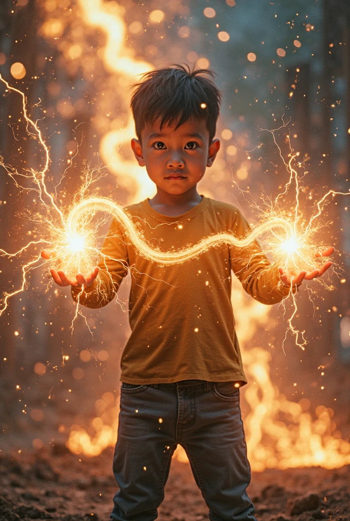 a young real boy Malaysia Indonesia . wearing an orange zip-up shirt, orange cap with small thunder logo, detailed face, cinematic lighting, dramatic atmosphere, vibrant colors, 8k, high quality, photorealistic. Hero suit. Thunder come from his hand. Glowing thunder.jeana pants. Very strong. Future design dress