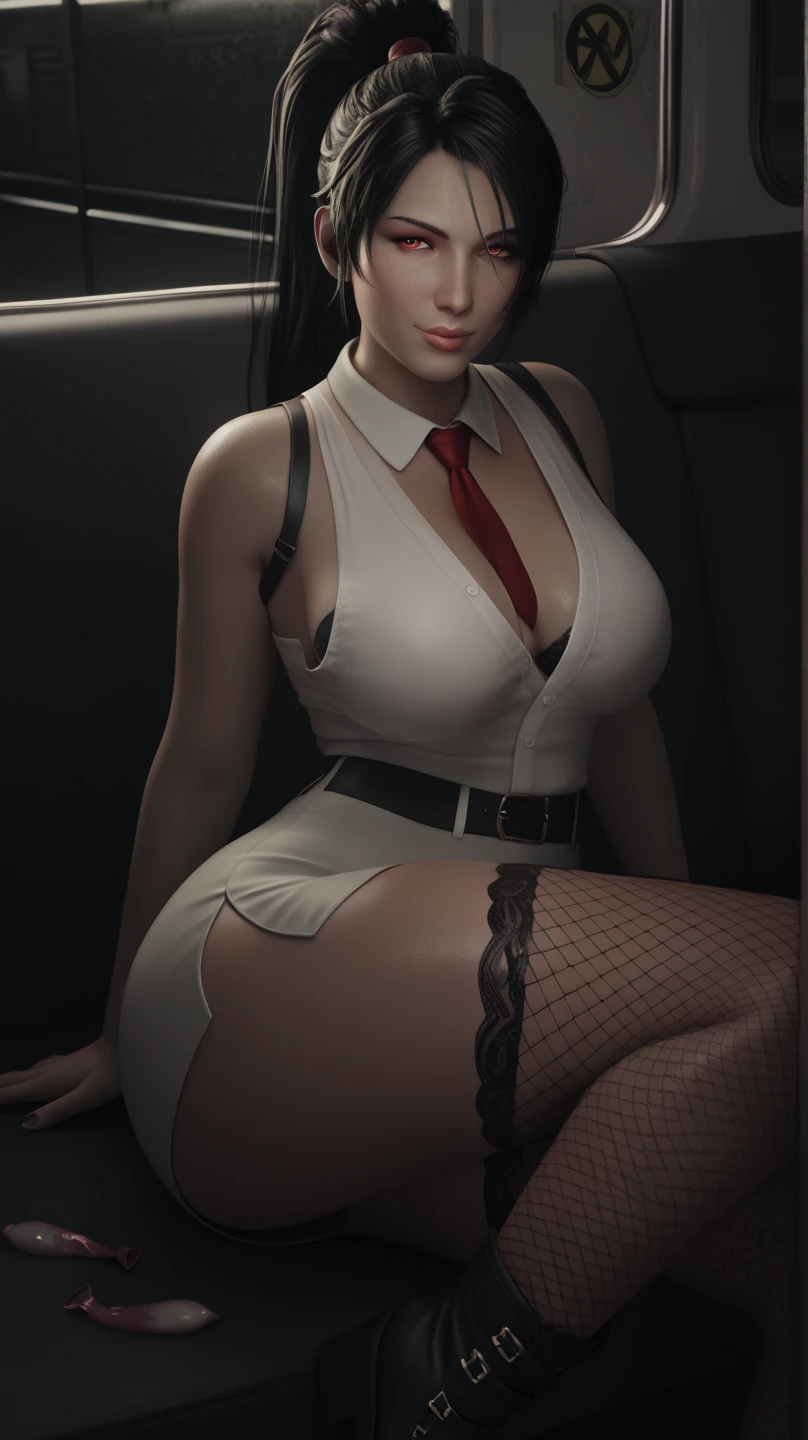 film photo ChristyMackQuiron woman, peinado Mohawk, mohawk hair, black hair, pelo negro, realista, a woman Shot putwearing a white blouse a short red skirt and nylon stockings having a drink, red heels, camisa blanca, cleavage, falda corta roja, medias  de nylon negras, nylon thighighs, black nylon stockings, tacones rojos, earrings, de buen tono, 35mm photography, movie, bokeh, profesional, 4k, muy detallado, classy, elegante, in a tropical style casino, casino de estilo tropical, caribbean casino, caribbean casino, Las Vegas
