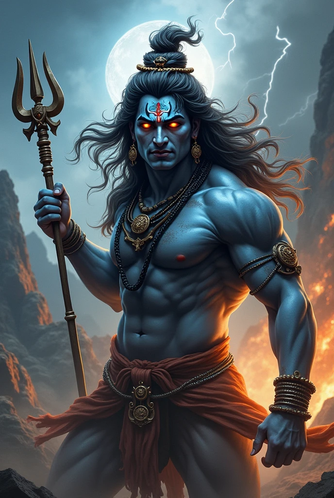 a powerful huge body, huge arms, muscular lord shiva, day light, lord shiva, ((throwing trishul towards the viewer, burning trushul, very charming face,)), closeup shot, extremely detailed skin and well detailed eyes (best quality,4k,8k,highres,masterpiece:1.2),ultra-detailed,(realistic,photorealistic,photo-realistic:1.37),dramatic lighting,cinematic composition,intricate details,vibrant colors,mystical atmosphere, fire and foggy blurry environment , dynamic action
