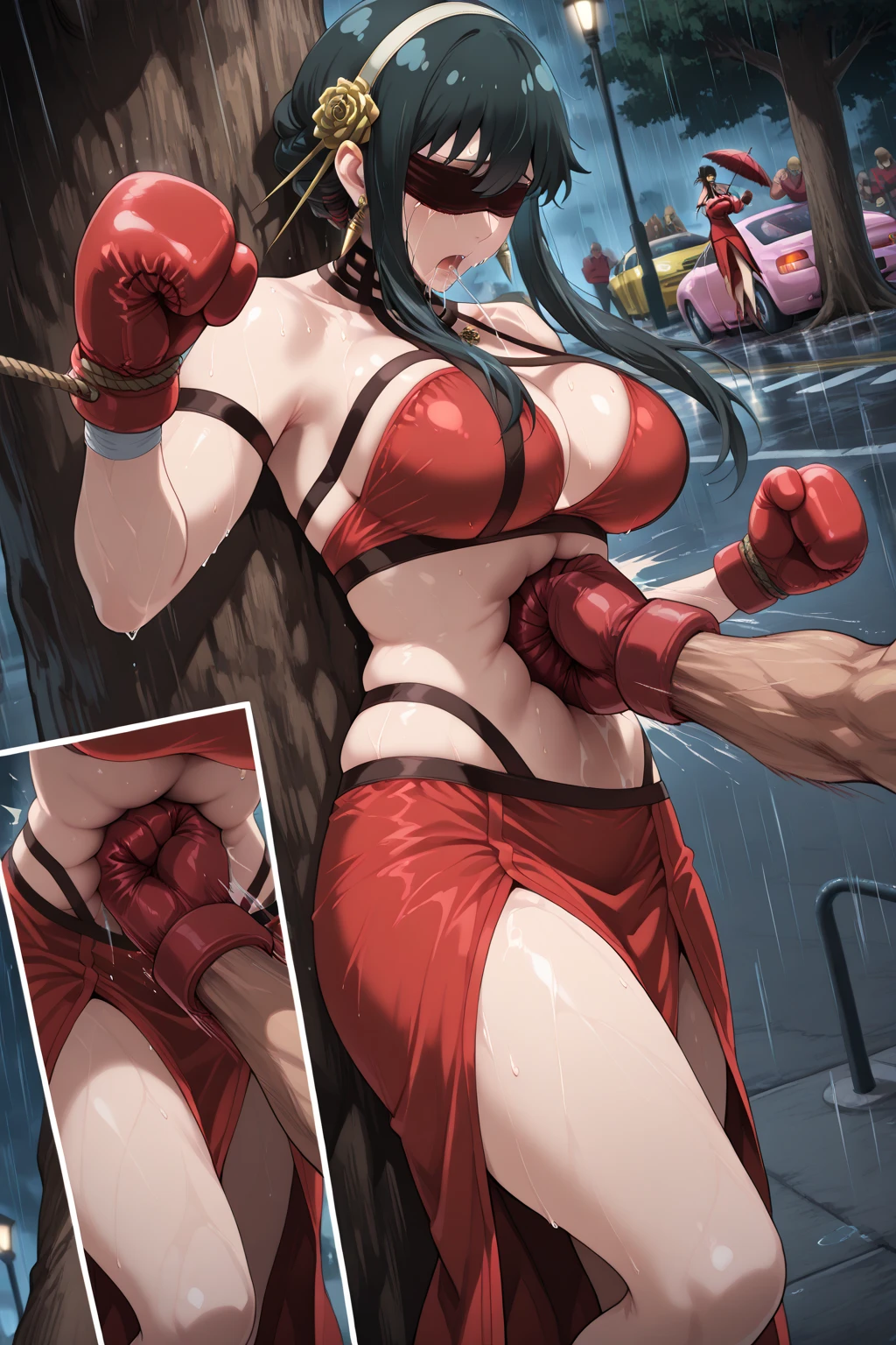(((masterpiece))),(((best quality))),(ultra-detailed,high resolution:1.2),(illustration),((an extremely delicate and beautiful)),(detailed background), from befind, ((((grab her arms)))), nipples, ((((sex from behind)))), standing sex, bent over, ((((motion lines)))), vulgarity, (cum in pussy:1.4), (((wrestling ring))), ((1girl,tall stature)and(1boy)), hetero, (1girl,tall stature:1.4), ((((Baobhan Sith/(((fate/)))),huge breasts, red dress, bare shoulders, (((waist-cape))), layered sleeves, red knitted_long boots, high heeled shoes, ((((ahegao)))), (rolling eyes:1.4),(trembling), (cum in pussy:1.4),cum on clothes,cum on breasts,excessive cum, clothing aside, clothed, (1muscular boy,tall stature:1.4), ((((tartaglia/(genshin impact/)))),large penis, [[he looks evil grin]], ((((boy face)))), text,