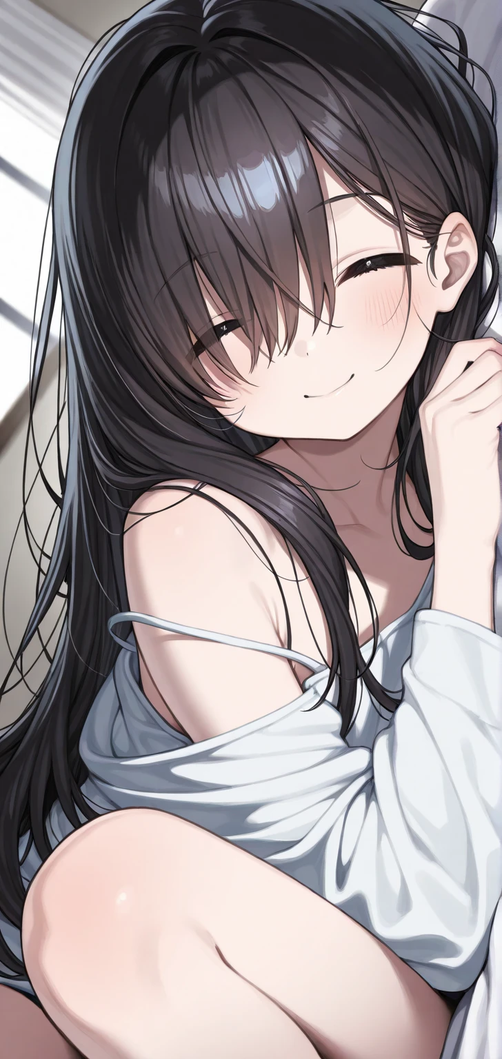 Girl, cute, adorable, smiling, from chest up, straight hair, long hair, black hair, clear weather, sweat, sunlight, from above, looking at the camera, heart hands,
make a heart(shape) with fingers, my room, morning, bra top