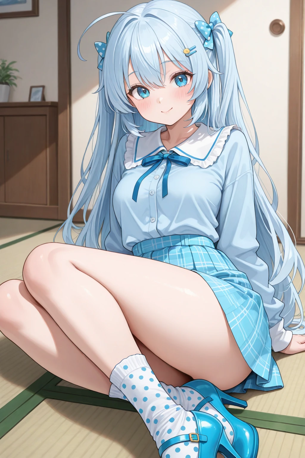 Highest quality, masterpiece,A seductive smile, Flip up the skirt,Spread your legs,Lace panties,French style braid,
