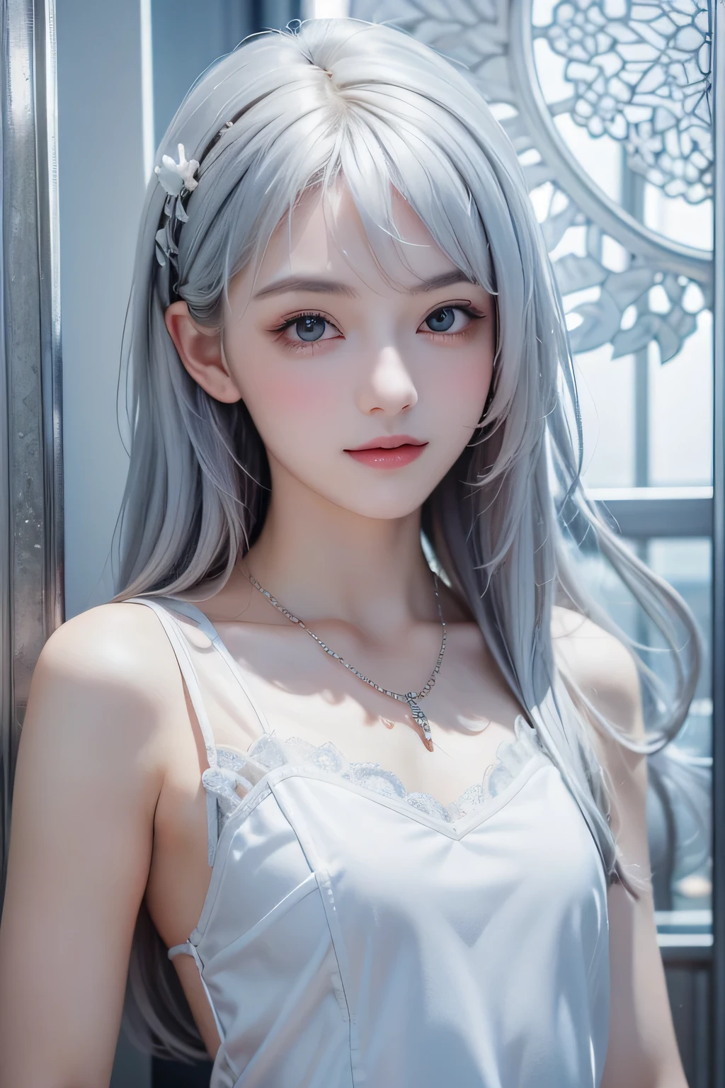(Beautiful woman with fair skin), (A calm and gentle smile like a young girl), Clear light blue eyes, (Medium-length, almost straight, silvery white hair), Close-up, Portrait, (Cool-colored shirt), (Slim figure), Small ice necklace, (A cold ice world in cool colors), The entire building is made of ice, Ice room, Small transparent snowflake flowers, Shining snow, Large snowflakes, An all-ice world, Cool-colored lighting, Fine and precise details, Use of contour lines, Clean line drawing, (Alphonse Mucha-style composition), (Stylish ice decoration in Art Nouveau style) Decorative frame), Masterpiece!, Beautiful!, Wonderful!, Perfect!