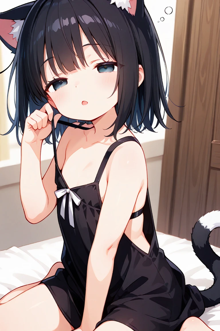 finger to mouth,lick,from front,front view,looking at viewer, looking ahead,from above,cowboy shot,1girl,Beautiful 14 year old girl,Japanese,Slender,,low length,Small breasts,Thin legs,Small Ass,Baby Face,Small face,Black Hair,Short Twin Tails,Gray Eyes,Drooping eyes,slit pupils,narrow eyes.middle School girls,Black collar with black leash,A see-through black and light blue negligee,Sexy Lingerie,open mouth,tongue out,front face,Kneeling,Straight Stand,Beautiful and detailed anime art,Mischievous smile,Sexy vibe,cum on tongue,Dimly lit room,On the bed,Simple Background,Gray background,Low lighting,
