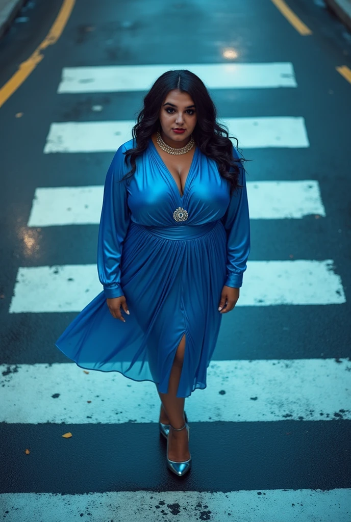 A fair-colored Indian plus size model in her mid-thirties, embodying grace and beauty with her hourglass figure, is captured in an urban setting. Wearing an elegant evening gown, her defined waist and proportionate body stand out against the backdrop of a bustling city street at night. The city lights create a vibrant mosaic around her, highlighting her full figure and symmetrical body structure. The scene is alive with energy, mirroring her dynamic presence. Photographed by Herb Ritts, using a Canon EOS-1D X Mark III with a 70-200mm lens, Award Winning Photography style, Cinematic street lighting with neon accents, 8K, Ultra-HD, Super-Resolution.