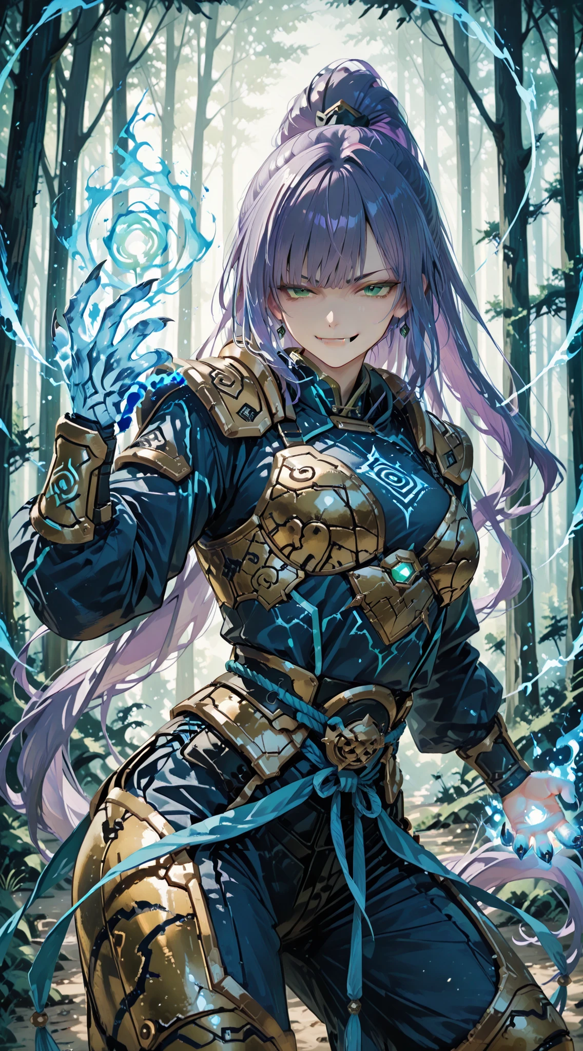 Spiral blue energy, fireball blue in hand, anime, hall human-Tiger, pose dynamic in action,Tiger armor, intense Green eyes, very long wavy ponytail purple hair , bangs, smirk, fangs and claws, outdoor magic forest background.