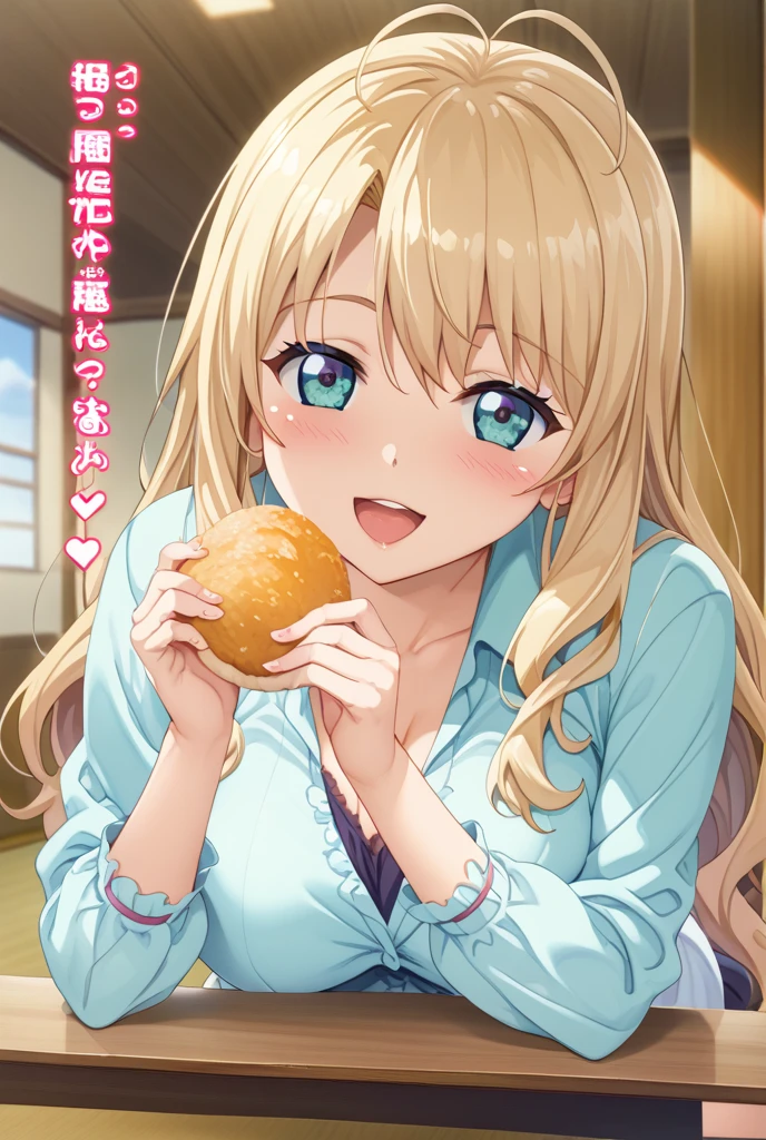 best quality,medium quality,(1girl), (solo),ohara mari, love live! sunshine!, hair rings, blonde hair, yellow eyes, crown braid, medium hair, large breasts , kobeya uniform,blue skirt, blue neckwear, gingham apron, Bakery,from above, standing posing,smile,
