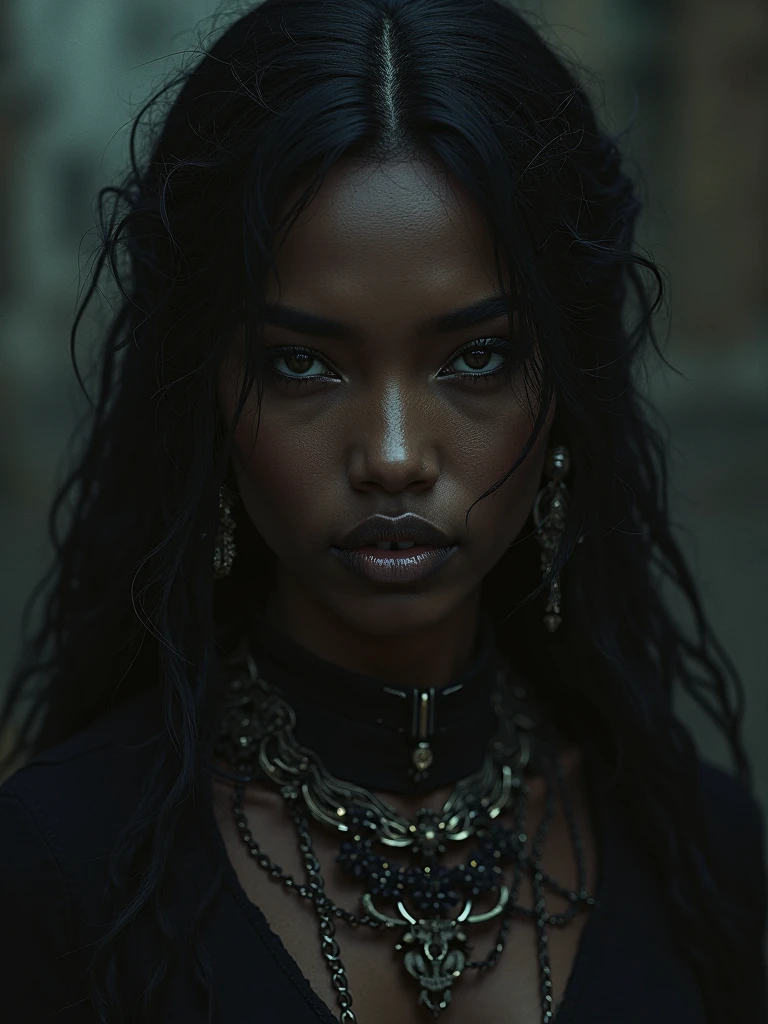 ((18-years old))) black girl, (((very dark african skin))),  (((close up pov full body portrait, sexy seductive slutty pose, ((accentuated super huge enormously gigantic , cleavage showing))), (((very long blue hair, wavy and curly))), (((wearing white blouse and lace panties, tons of tattoos and piercings))), many african tribal tattoo sleeves, dark fantasy art, Post-apocalyptic art, rico, deep colors, (details Intricate:0.9), (HDR, Hyper-detail:1.2), (natural textures of dark african skin, hyperrealisti, Realistic Anime, Lumiere, Spitz), luxury living room background 