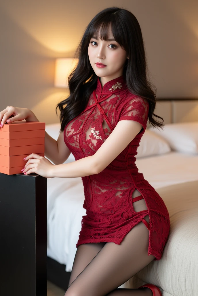 a close up of a woman in a vestido rojo posing for a picture, sexy vestido rojo, vestido sexy, wearing vestido rojo, vestido apretado, vestido sexy, preciosa modelo china, Usando un cheongsam rojo, vestido rojo, vestido abierto, cautivador y tentador, elegant vestido rojo, cheongsam, wearing a vestido rojo, vestido chino, vista trasera, Jennie blankpink
