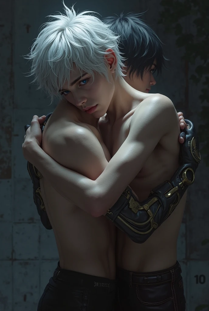 2boys,13 only、(Man's :2) ,twins,Handsome boy,Long silver hair、a blond、Collar,tattooed、Upper body naked、starrysky 、sand beach、Back lighting、hightquality、masutepiece,8K,