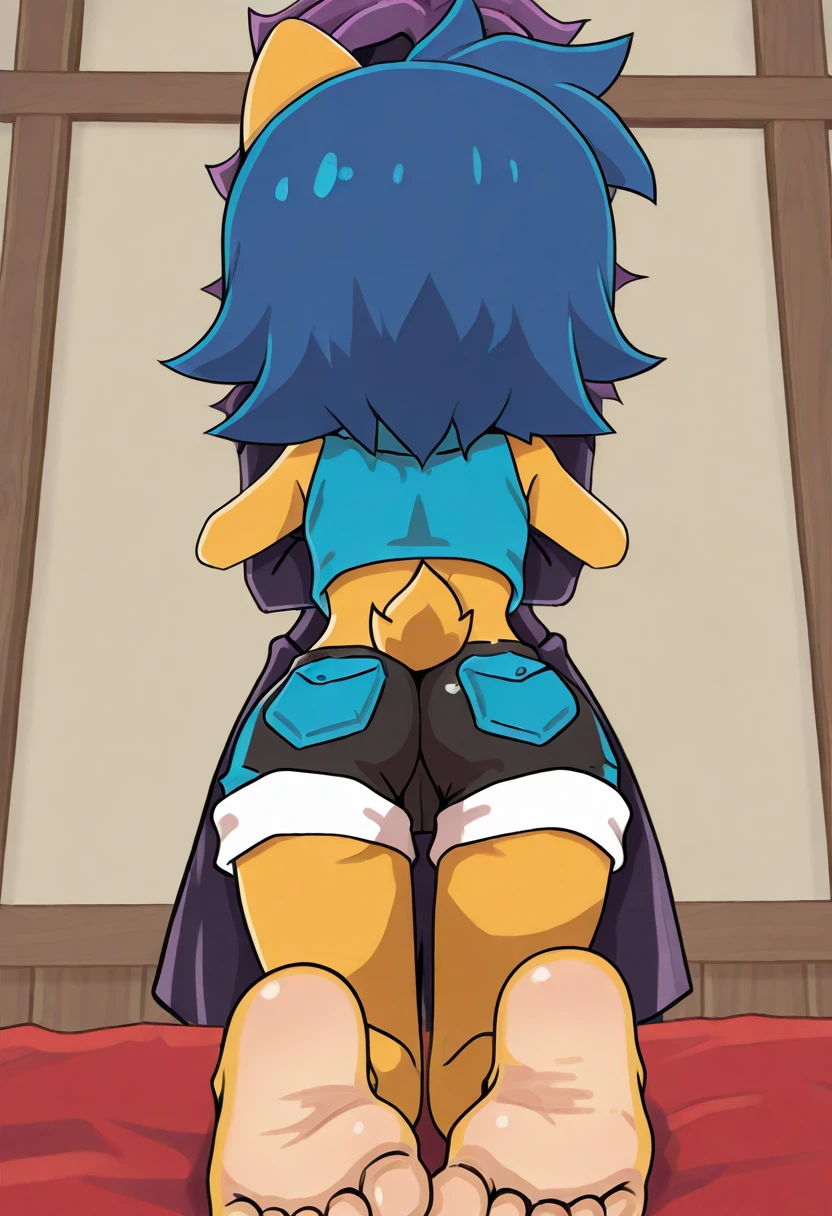 best quality, topless girl, ((looking at viewer)), dark blue hair, black eyes, very short hair, spiky hair, ahoge, panties, 171cm, messy hair, hair between eyes, flat breasts, plump, dark skin, tomboy, adult, 20 years old, 1girl, solo, sole, grin, wide hips, thighs, standing, messy room, bedroom, shelves, DVDs, books, video games, computer, CDs, vinyl records, VHS tapes,