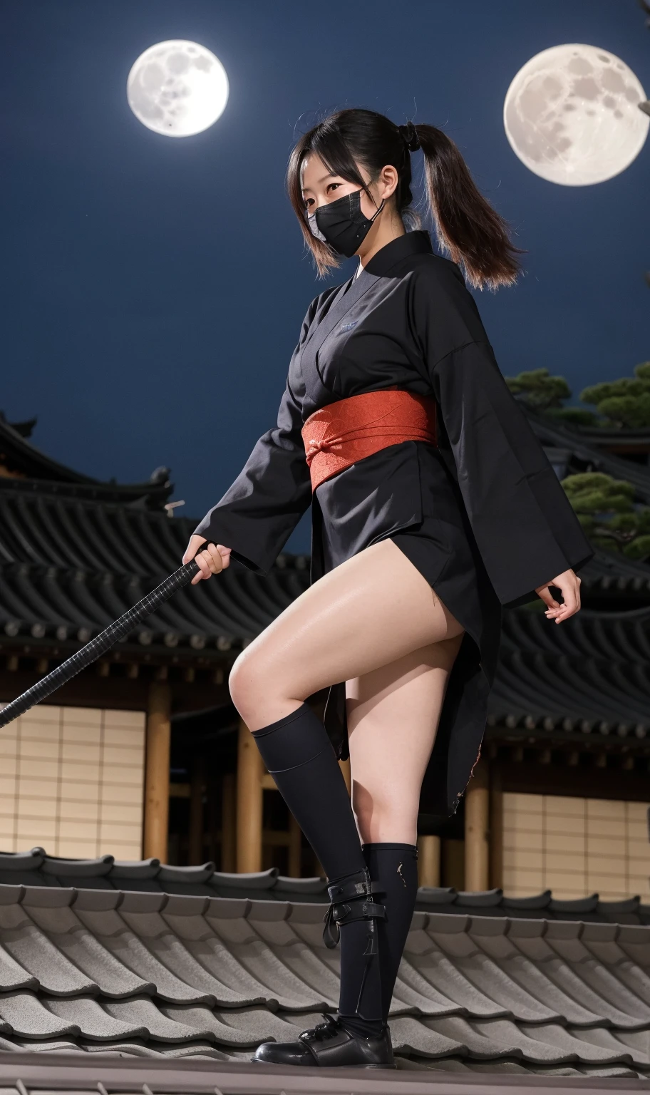 ((The background is the village of Shinobi:1.5)、Female ninja training in the village)、(Realistic、Like a photograph、Live Action、8k, Photorealistic, RAW Photos, Best image quality: 1.4), Single-lens reflex camera、RAW Photos, highest quality, Realistic, Highly detailed CG Unity 8k wallpaper, Written boundary depth, Cinematic Light, Lens flare, Ray Tracing, Realistic background、((waso:1.5、ninjya:1.3、kunoichi:1.4、skirtlift)、Sexy Ninja:1.37、Get into a fighting stance:1.3、Ninjutsu activation:1.2、Trained abdominal muscles、Big Breasts、Pull up the hem to reveal your underwear:1.3)、Grey Hair、short hair、Standing in the village、Night Village、((Ultra-dense skin))、 1 girl,Cute Kunoichi、((whole body:1.5)，Looking at the audience:1.1、Glare、I like that style、Pay attention to the details、The perfect outfit、(White skin)、An accurate portrait、Accurate Arm、Accurate feet、Beautiful legs、Precise thighs、Anatomically correct body、View from below