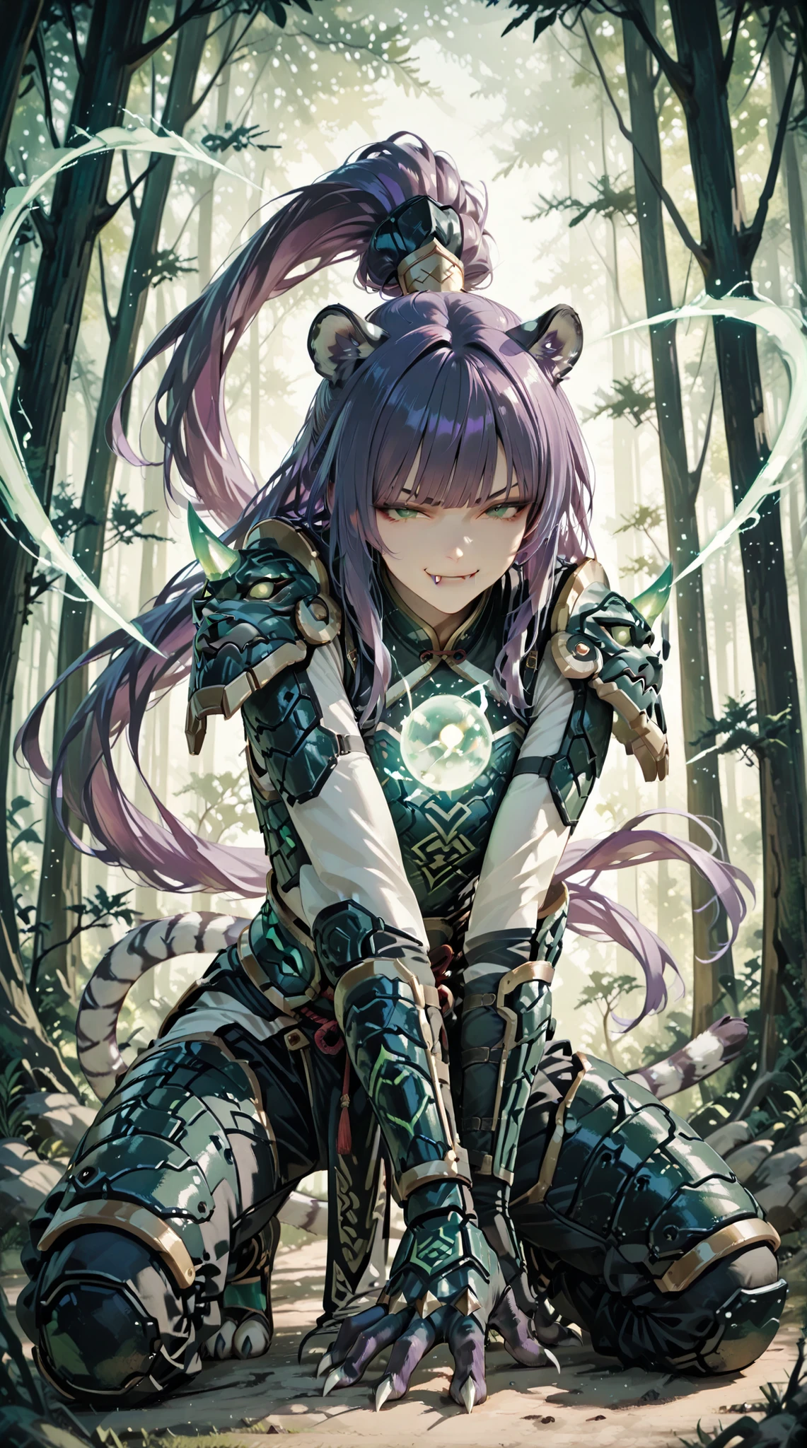 hall human-Tiger, pose dynamic attack, she launching a energy ball to front.,Tiger armor, intense Green eyes, very long wavy ponytail purple hair , bangs, smirk, fangs and claws, outdoor magic forest background.