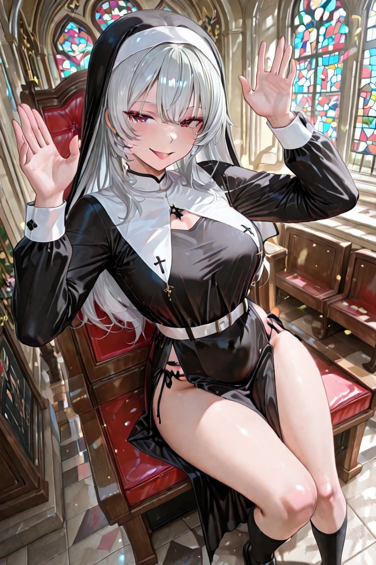 (masterpiece), (best quality), ((high resolution)), ((pupils)), fiveseven, 1girl, long ponytail, silver hair, large breasts, ((nun)), smile, cleavage, ((leaning forward)), ((clothes pull)), sunbeams, ((lingerie))