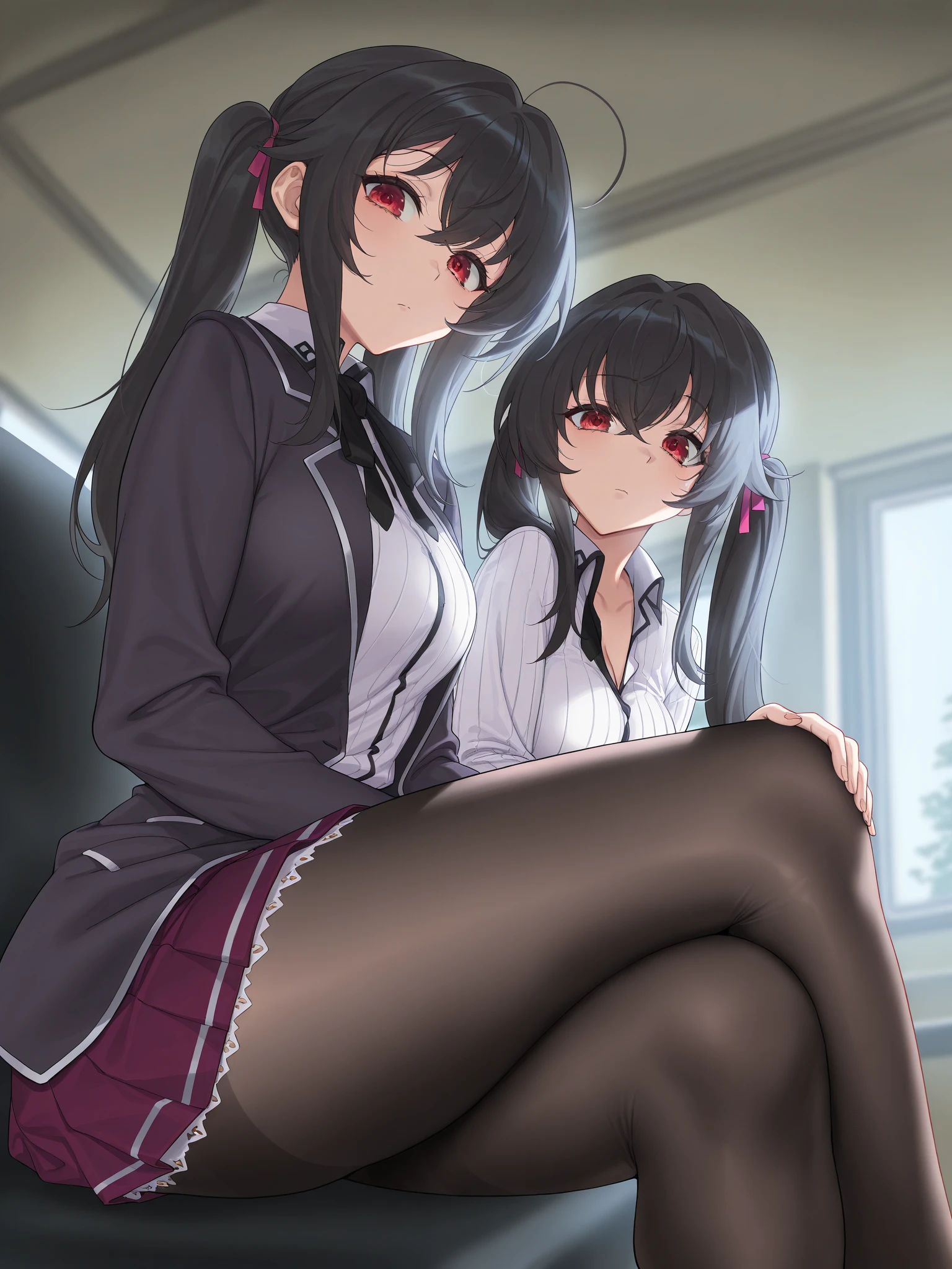 Woman with brown hair, red eyes, brown skin, purple skirt, gray shirt and underneath a black two skin shirt, long black socks, black sneakers, alone, serious