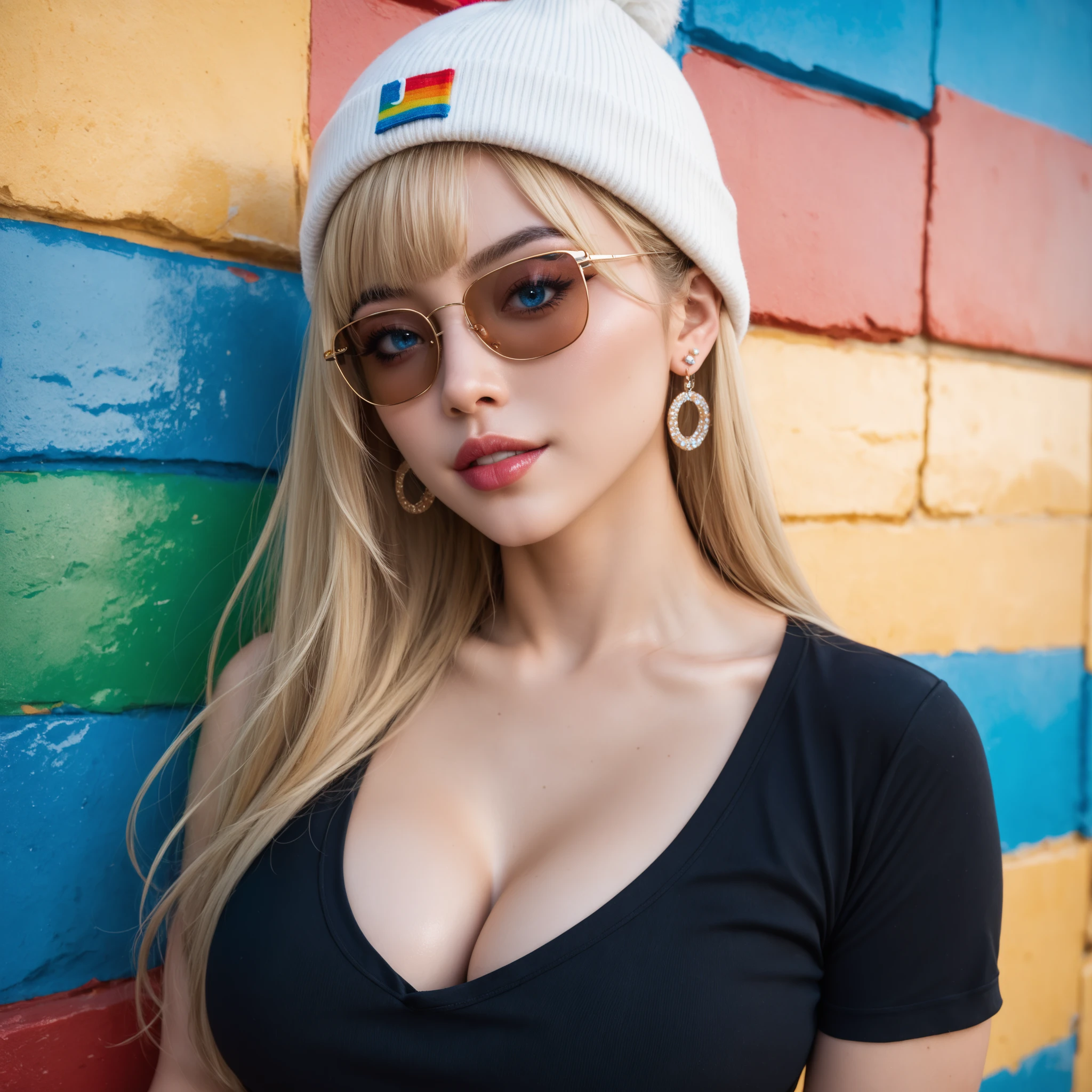 young woman (1girl, 21yo), blonde wearing a tank top and denim pants, walking in the park, wearing a red bandana on her head, round eyeglasses,  she has one hand in her pocket, the other hand is making a peace sign, 