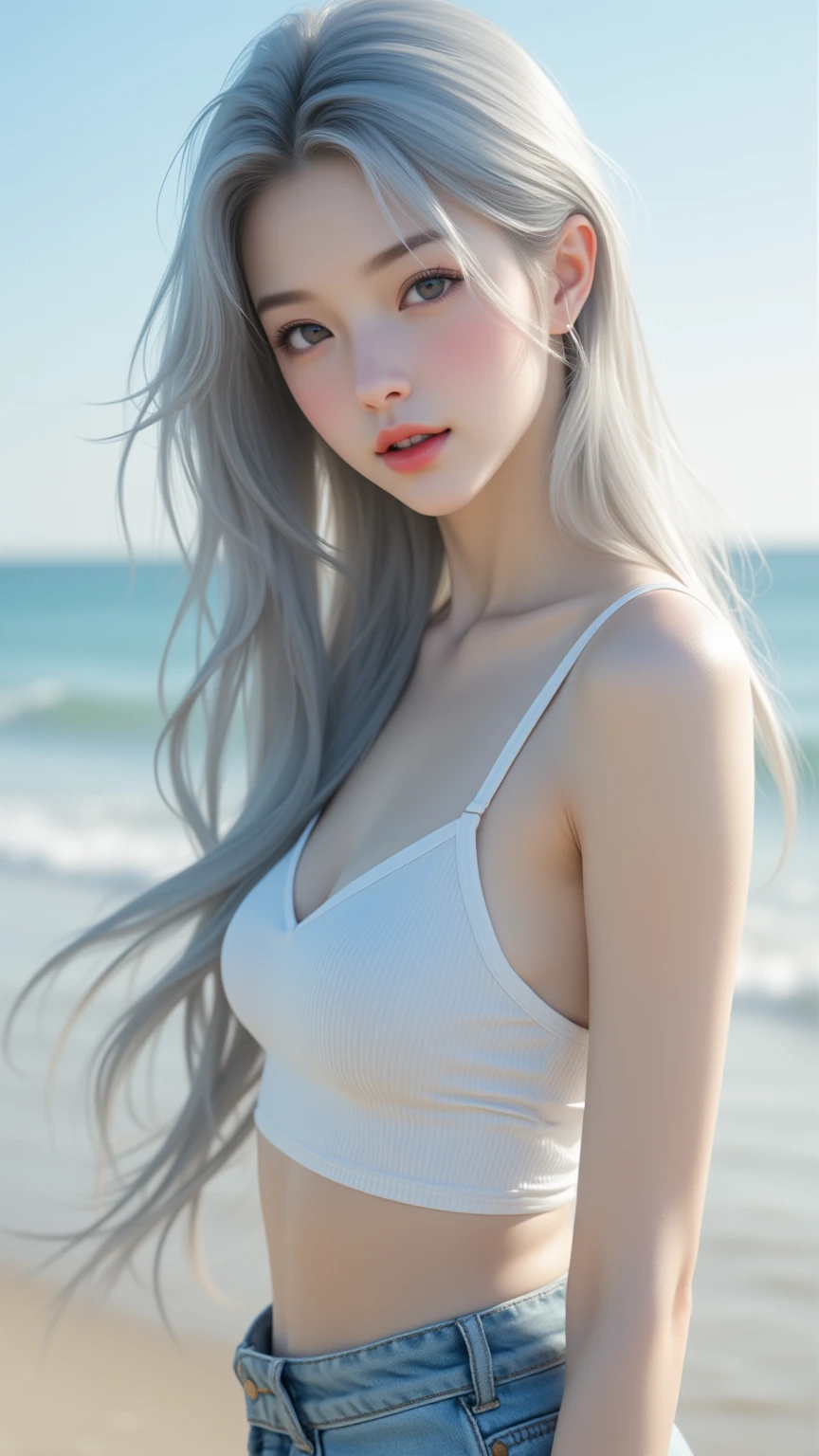 (iu1:1.4), (bikini:0.4),(big boobs) (full-body:1.5), (long white hair:1.5), (sunset time sea view:1.3), RAW, 8k, clear detailed ultra-high-res face, best quality, realistic, photorealistic, cinematic lighting, ultra-detailed, 1girl, solo, upper body portrait, (best illustration)