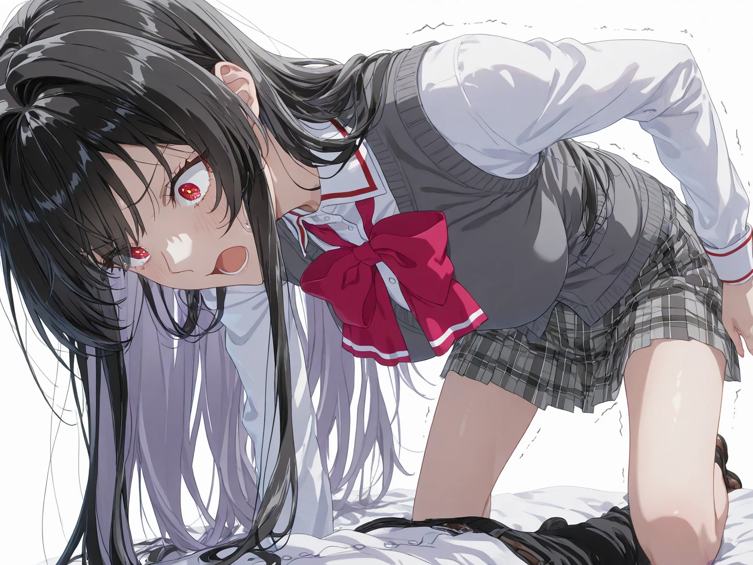 anime aRtwoRk, scoRe_9, scoRe_8_superior, scoRe_7_superior, scoRe_6_superior, scoRe_5_superior, scoRe_4_superior(\lin ni te\), 1girl,animal ears, purple eyes, solo, gloves, breasts, pantyhose, bow, animal ear fluff,long sleeves, cleavage, skirt, cat ears, bangs, facial mark,, grey hair, small breasts, pleated skirt, black pantyhose, bowtie, medium breasts, black gloves, white shirt,1girl,,so beautiful, Absurd, alone, Happy,View your viewers,, Simple Backgroundthe,pov,