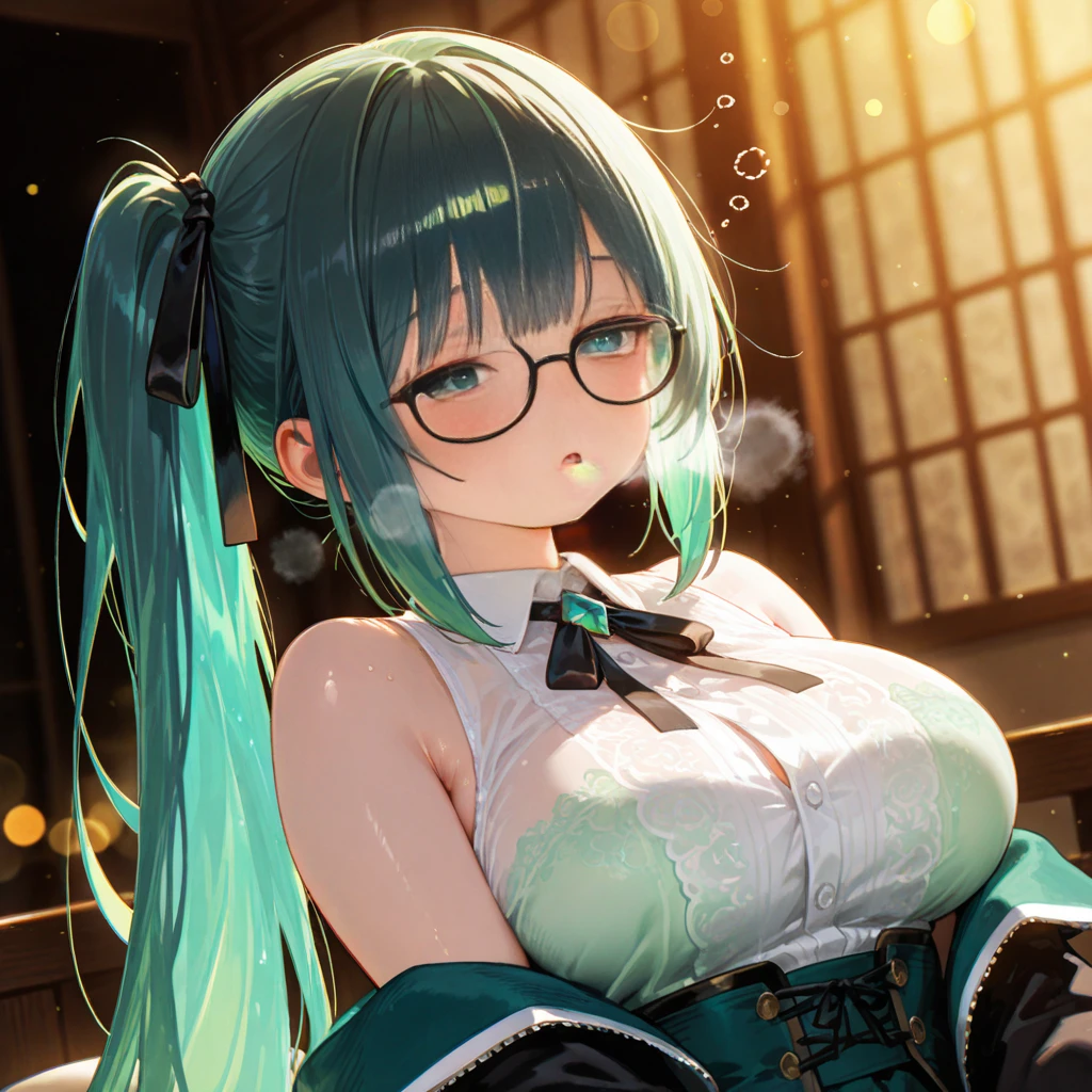 ((The best piece)),((masterpiece)), (ultra-detailliert), (illustratio), (Detail light), (very cute and beautiful),(exquisite), (beautifully detailed eyes),girl with,kawaii faces,Wearing glasses,Silvery hair,Light green eyes,Lori,huge tit,sorcerer,The witch's big hat,Lace gloves,With smiling eyes,Lace Bra,hand next to face,On the bed,on all fours,Open your mouth wide,