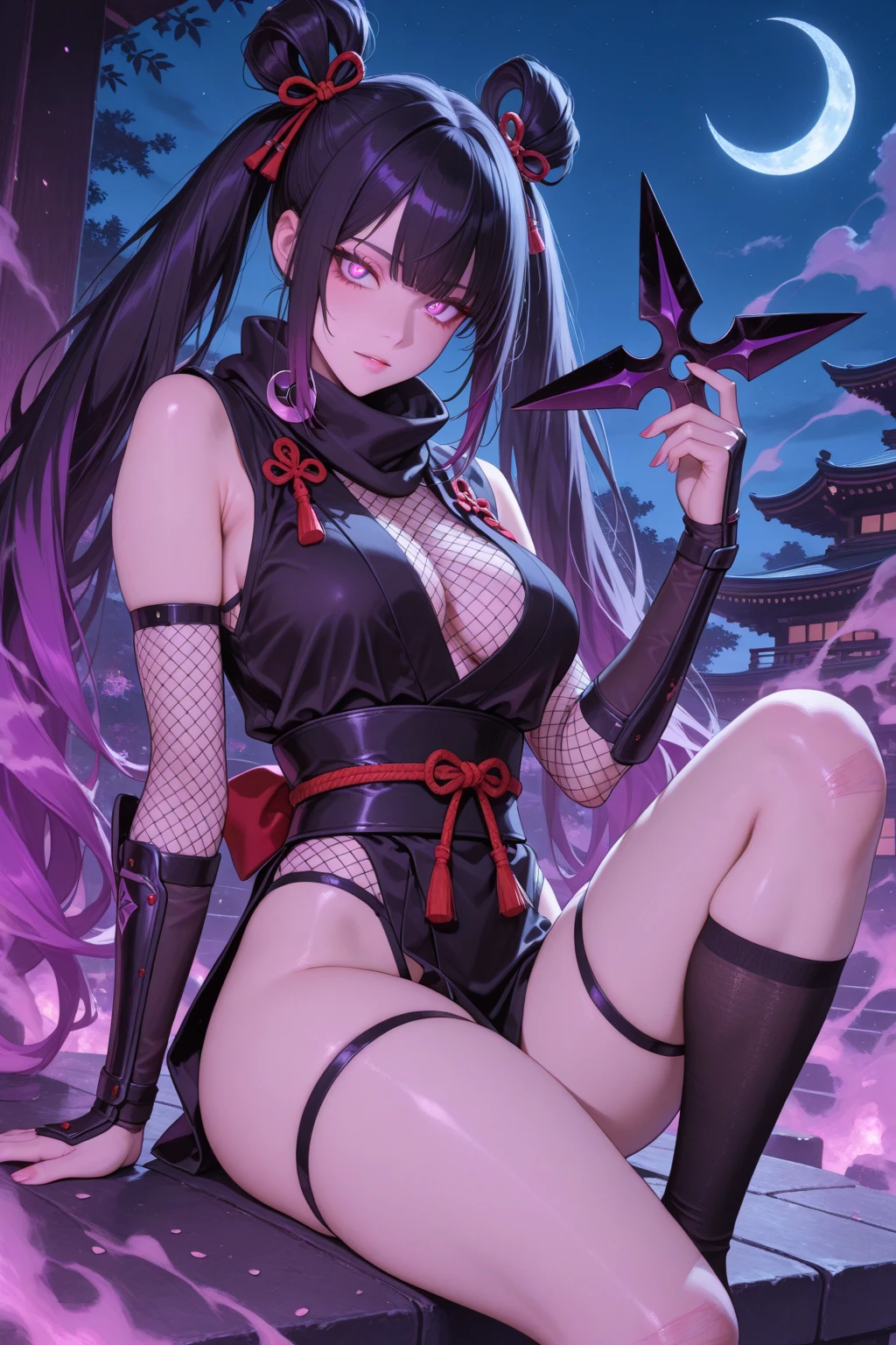 Grown-up girl, Long black hair with white strands, high ponytail, red eyes, purple lipstick, white chinese dress, Sleeveless, open breasts, open belly, smirk, Violet Flame, Masterpiece, hiquality, 4k, HD, Good detail
