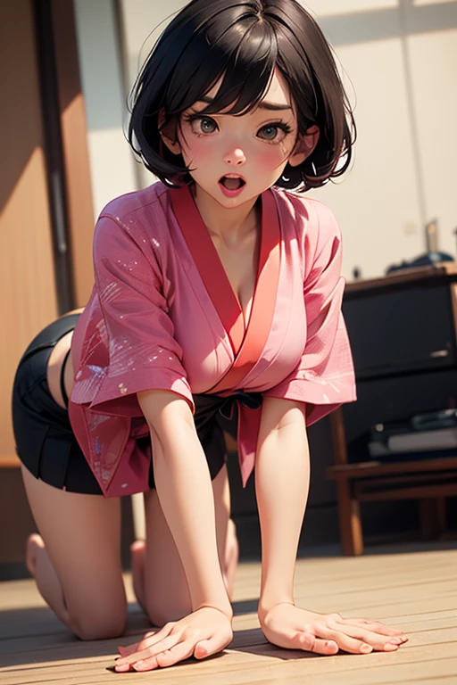 Photo Real、photoRealstic、girl1、View from directly above　Brown hair、Blunt bangs、short-hair、hair adornments、Untidy hair　drooing eyes　Acme face、panting、AHE Face、put out the tongue、droolng、Saliva　Gorgeous yukata、disturbed　large full breasts、Soft thighs、vaginal、cunt、clit、Semen、Female genitals、Sexual organics　Bold legs open、Normal bit、genital insertion、Vaginal insertion、Inserted sexual organics、SEX、ssex、play sex、Sperm、large amount of sperm、Sperm drenched、Intense Sex、Insert vigorously、cum shots　Midnight、tussock