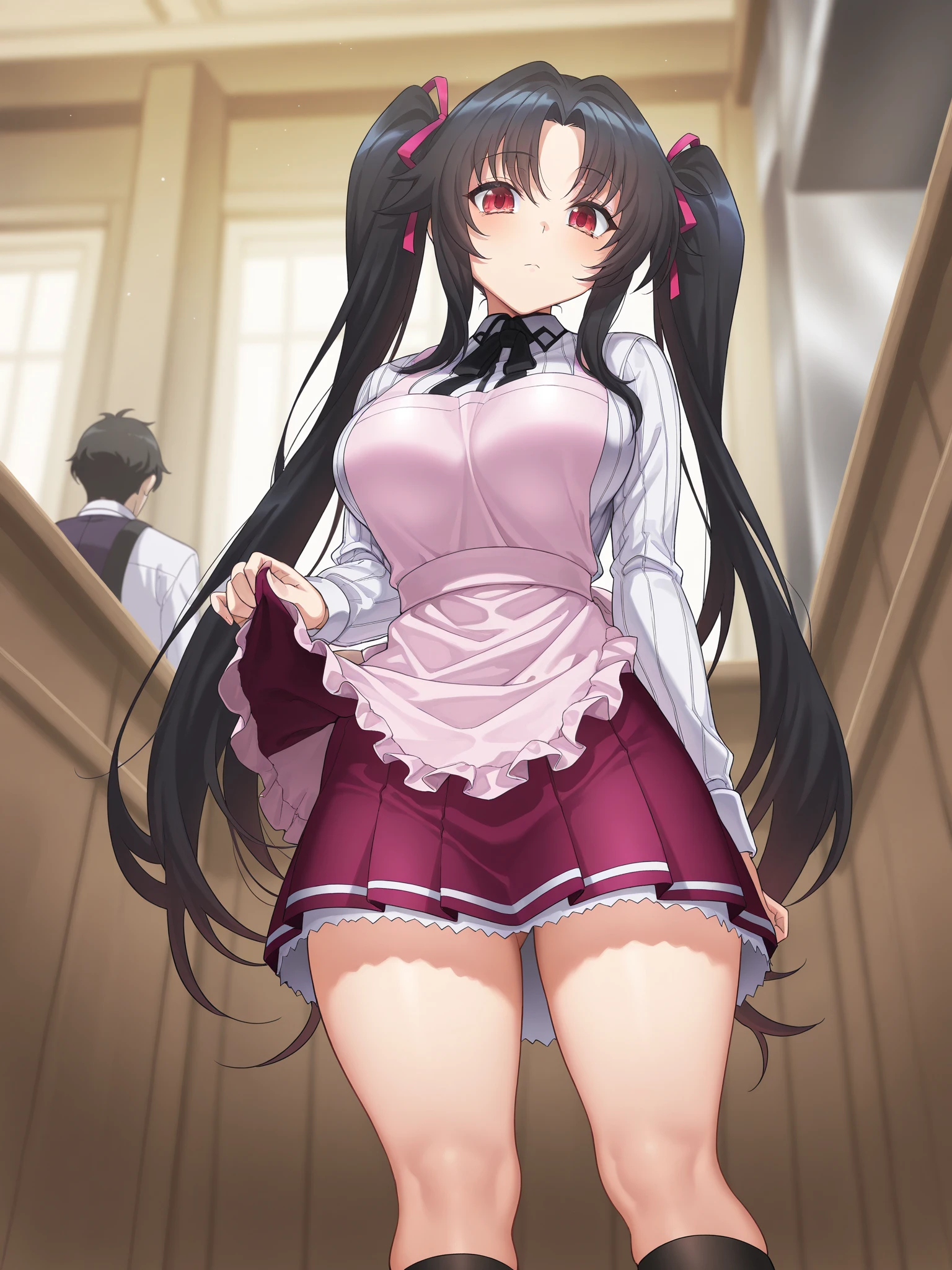 adult woman、exact number of fingers、Exact number of legs、Exact number of arms、bangs, ribbon ponytail, brown hair, (blush:1), (put one hand in your panties:1.8), fingering, (pussy juice:1.1), cum in mouth, (A woman is holding a microphone and is about to sing:1.5)、white and navy idol costume、That costume includes a navy blue idol-style corset., That costume has a ribbon on the collar.、The costume covers the shoulders, sides, upper arms, and arms., That costume only opens wide at the chest.、high socks、white idol style skirt, (Very luxurious and detailed underwear:1.3), Ribbon at collar, (white panties with lots of lace:1.3), white lace bra:1.2), sexy underwear, Thighhighs、 beautiful big breasts, (erect nipples:1), the skirt is turned up、highest quality, High resolution, (detailed and beautiful eyes:1.6), highly detailed face, perfect lighting, Very detailed CG, (perfect hands, perfect anatomy),embarrassed expression、The expression that you are holding back from going to the toilet, (sexual pleasure expression:1.4), (expression of agony:1.2)、close your eyes、sexy look、look upward、mouth half open、Climax、(live stage、a lot of spectators:1.3)、whole body