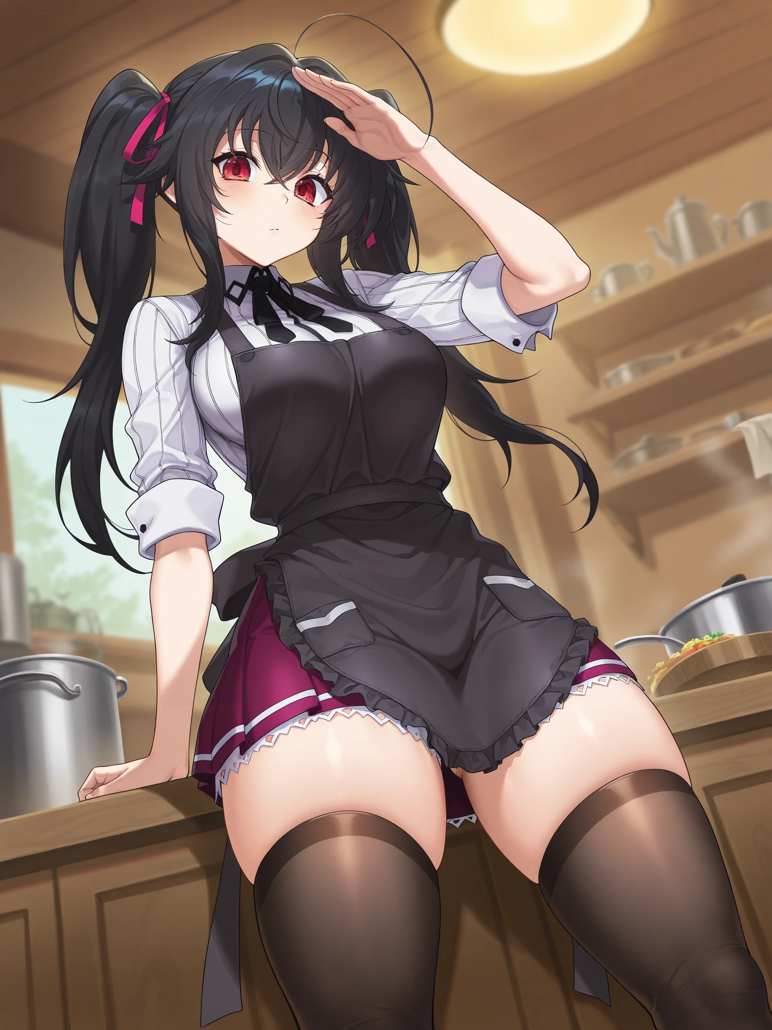 One Woman、One Man、The man is looking up her skirt、Beauty、Cafe、Cafe屋の制服、淫乱Cafe店員、Cafe店員、Age 25、Tight Skirt、Large number of customers、Looking down at the viewer, ponytail, Highest quality, Focus on the thighs, smile, garter belt、panties、Plump thighs、Big Ass、Big 、 Black Hair,My thighs are steaming between the legs 、Sweaty knee-high socks、Angle from directly below、Waiting for Obon、Coffee cup on the tray