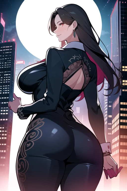 Masterpiece, Best Quality, (perfect anatomy,realist:1.3,from behind, big ass, facial focus,(without looking at the viewer:1.2),  (1 girl in:1), 1 woman, (big breasts:1.2), sexy body, thin waist, Attractive front curves, round and soft chest, disgusted face,  (black fur:1.6, Waist length hair), evening, Heavy Rain, exterior, City, crop top, (White long sleeve collar shirt:1.4), (ripped shiny black leggings), (torn clothes), blood stains, Dark alley, blood splattered on the floor, bright red light, bright Eyes, depth of field, night sky, Atmosphere, perfect hands