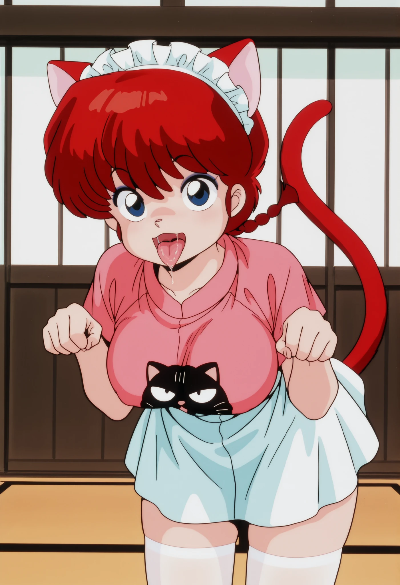 Ranma saotome , cabello rojo, Hair with a braid , blue eyes, big breasts, NSFW, maid dress, cosplay girl, cosplay neko maid, short fault, white stockings, detailed furry red cat ears, detailed and long red cat tail, detailed fur , cat pose, neko cosplay, cute neko, pronounced neckline, Japanese dojo, vapor corporal, expression of pleasure t-shirt, enjoying, detailed breasts, blushed, soft breasts, looking at the viewer, leaning forward, loose breasts, pose sensual, detailed mouth, lots of saliva, open-mouthed, sticking out her tongue,