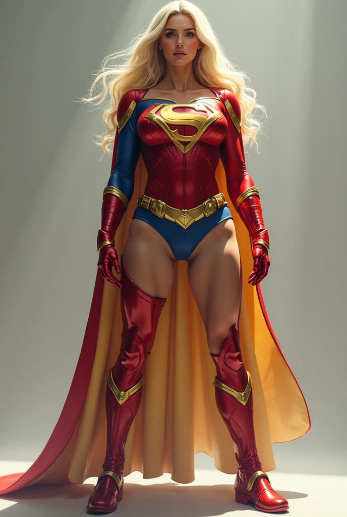 
A beautiful woman with long blonde hair three feet long wearing the suit of the Kryptonian Kara zor-El aka Supergirl Suit Blue and red jacket in leather red corset with Superman emblem on her chest yellow pants combined with Red and blue in leather red knee-high boots with gold trim long gold bracelets Diaema with Superman logo or emblem on her forehead