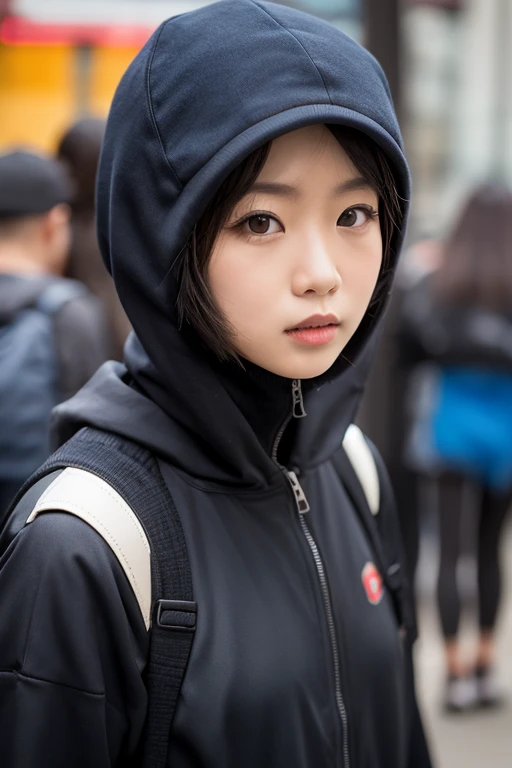Super realistic, hdr, 4k, detailed, Hijab, Japanese girl, glow skin, sad face, Mole in Cheek, forest, black jacket