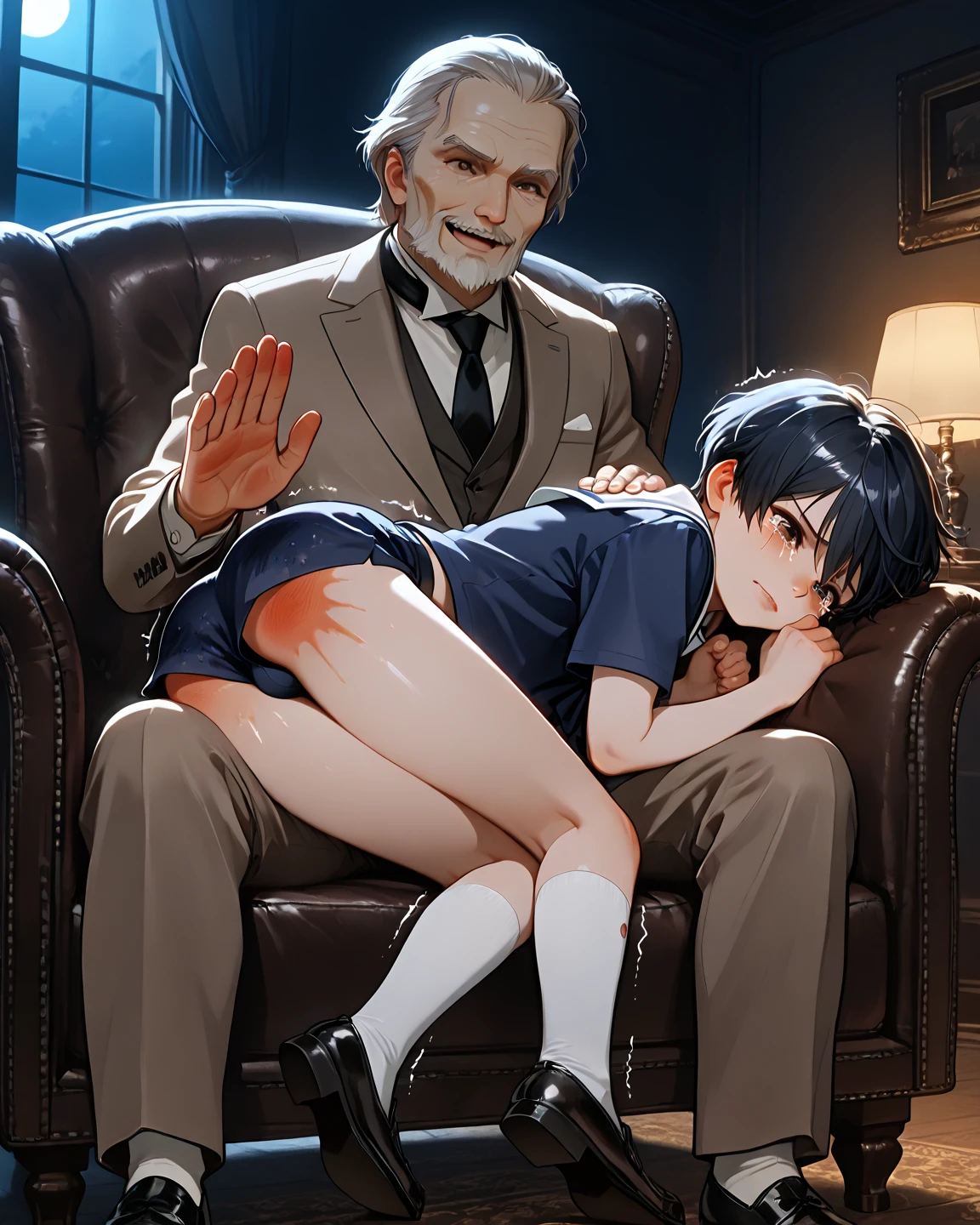 (nsfw:1.2),((One girl, 1 Elderly)), (Skirt flip:1.4), ((Old man grabs woman's waist)), The old man laughs evilly, Huge breasts:1.7, Anime cel painting style, Highest quality, High resolution, Huge breasts:1.8, good, High leg panties,blue eyes, Purple Hair, bangs, Side Ponytail, hair ornaments, Embarrassing, fear, blush, View Viewer, whole body、(((Completely naked:1.8)))、He is moving his hands violently to his crotch