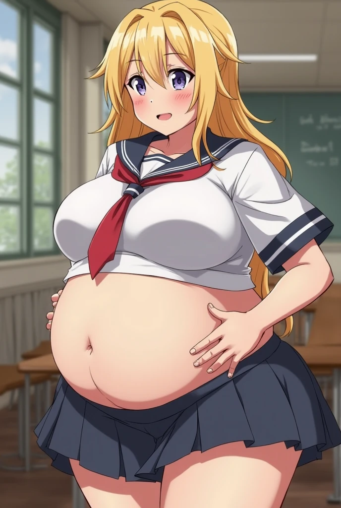 top-quality、realistic touch,high-detail、photoRealstic、thin-waist、captive beauty、big eye、solid platinum-blonde eyelashes、platinum-blonde、full body Esbian、Sparkling eyes, cheeks flushed、Kamimei、thin-waist、Voluptuous thighs、In the classroom of  the school、She is in estrus、a sailor suit、cocky expression、Colossal tits、Super short skirt with V-line visible、Camera angle from below、Big breasts visible between uniform and stomach、Sleeveless、Squat with open legs、Pregnant women