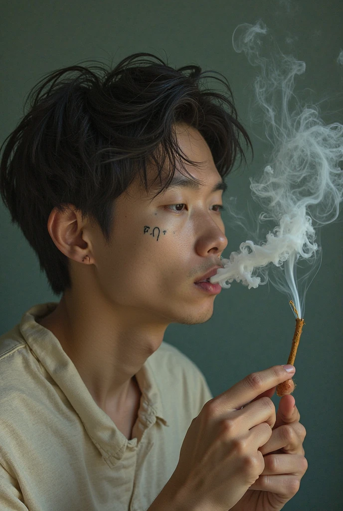 hay un joven sosteniendo un cigarrillo y un celular, cai xukun, Jinyoung Shin, taehyung comiendo papas fritas gucci, 1 7-year-old boy with a thin face, kim doyoung, yanjun chengt, ulzzang inteligente, handsome japanese demon boy, are smoking a cigarette, aesthetic jinyoung pimple, 18 years, hyung tae, Jung Jaehyun