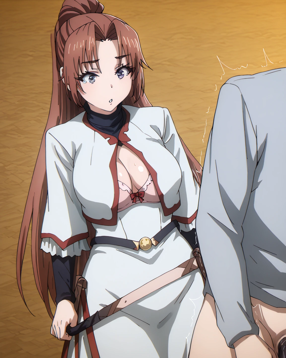 ((highest quality)), ((masterpiece)), (detailed), (Perfect Face)、(The woman is Princess Leona, with long, straight, light brown hair that she has down, a slender figure but a normal chest, a gentle smile, and is in a luxurious samurai mansion. The woman is naked and wearing luxurious accessories such as earrings, a necklace, and bracelets.)、A husband and wife are naked and peacefully embracing each other. The woman leans towards her husband and the man embraces his wife. The husband is 60 years old and the wife is 32 years old.、The man is Oda Nobunaga, naked and dignified with a beard