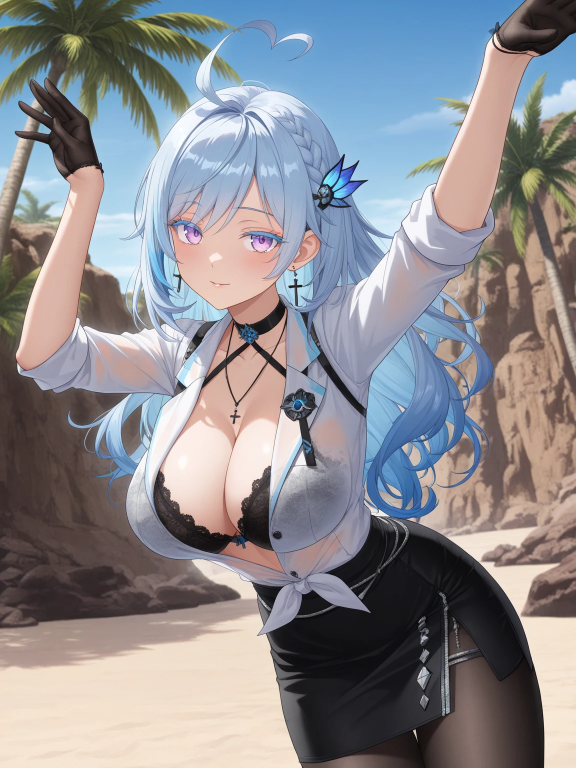 perpendicularPaizuri, beautiful ass, blue hair bikini, beach, euladef, eula genshin impact, Perpendicular_paizuri, best quality, 1girl, between breasts, paizuri, , 1boy, wet penis , penis between the breasts, large breasts, collarbone, pubic hair, breasts_squeezed_together, unaligned breasts, asymmetrical breasts,, cleavage , thighs,testicles
