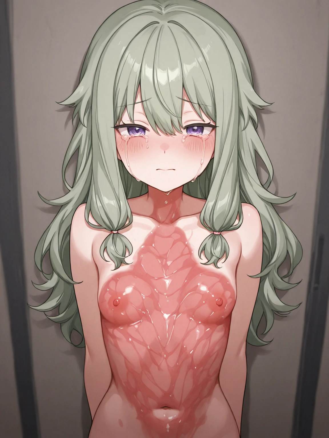 young woman,Green long straight hair,Blue Eyes,Even bangs,Straight bangs,high resolution,Adult content,Highest quality,sexy,masterpiece,Make your face bright red,Big TitsLingerie,toned,melancholic,{best quality}, {very aesthetic}, {ultra-detailed}, {best illustration}, pussy, pubic hair, best illustration nsfw, sweat, steam, female 1man, 1girl, Finger fuck, best quality, very aesthetic,man touch clitoris, finger insert vagina, caress, fingers in pussy